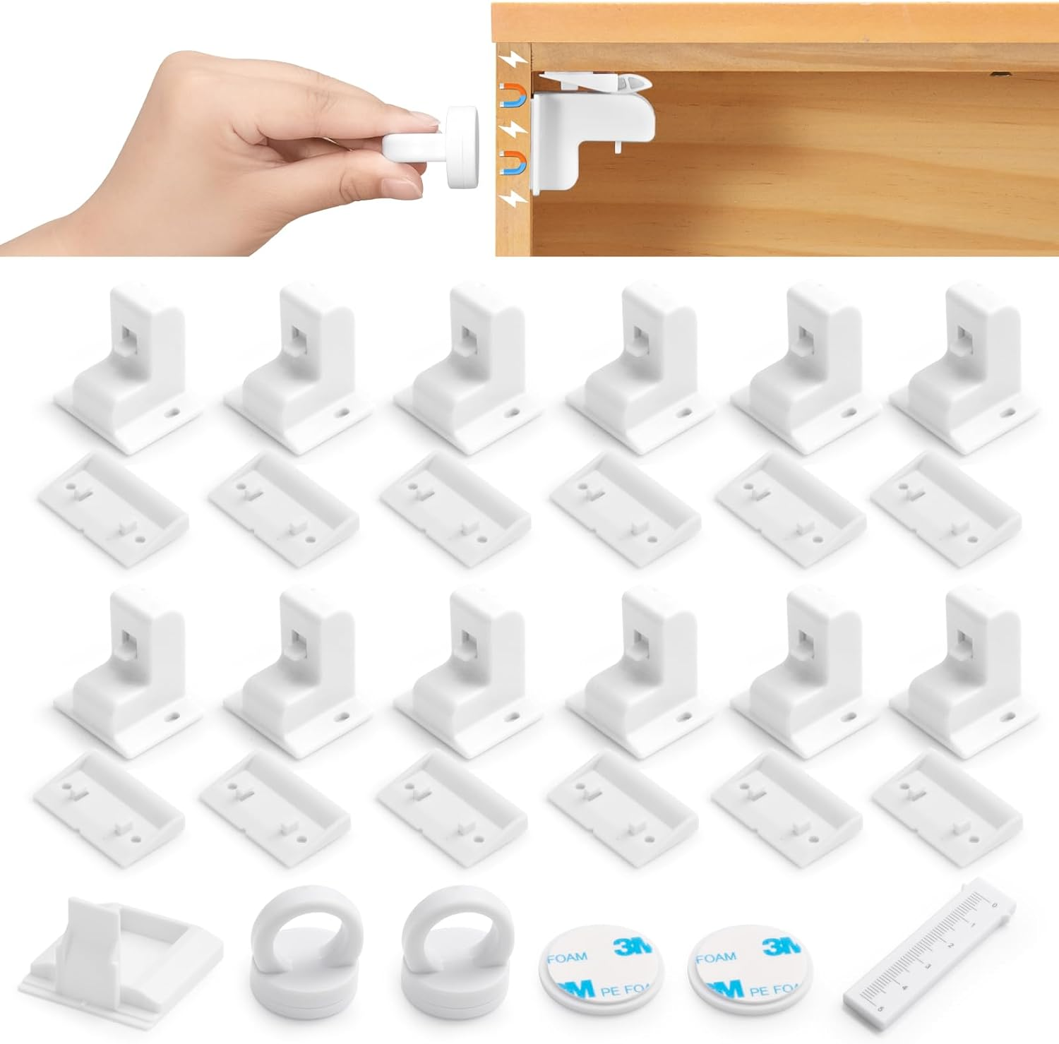 Inaya Magnetic Cabinet Locks Baby Proofing, 12 Locks & 2 Keys, Child Proof Magnet Locks for Cabinet Drawers with Invisible Design, 3M Adhesive for Easy Installation - No Drill & Tools Needed image number 4