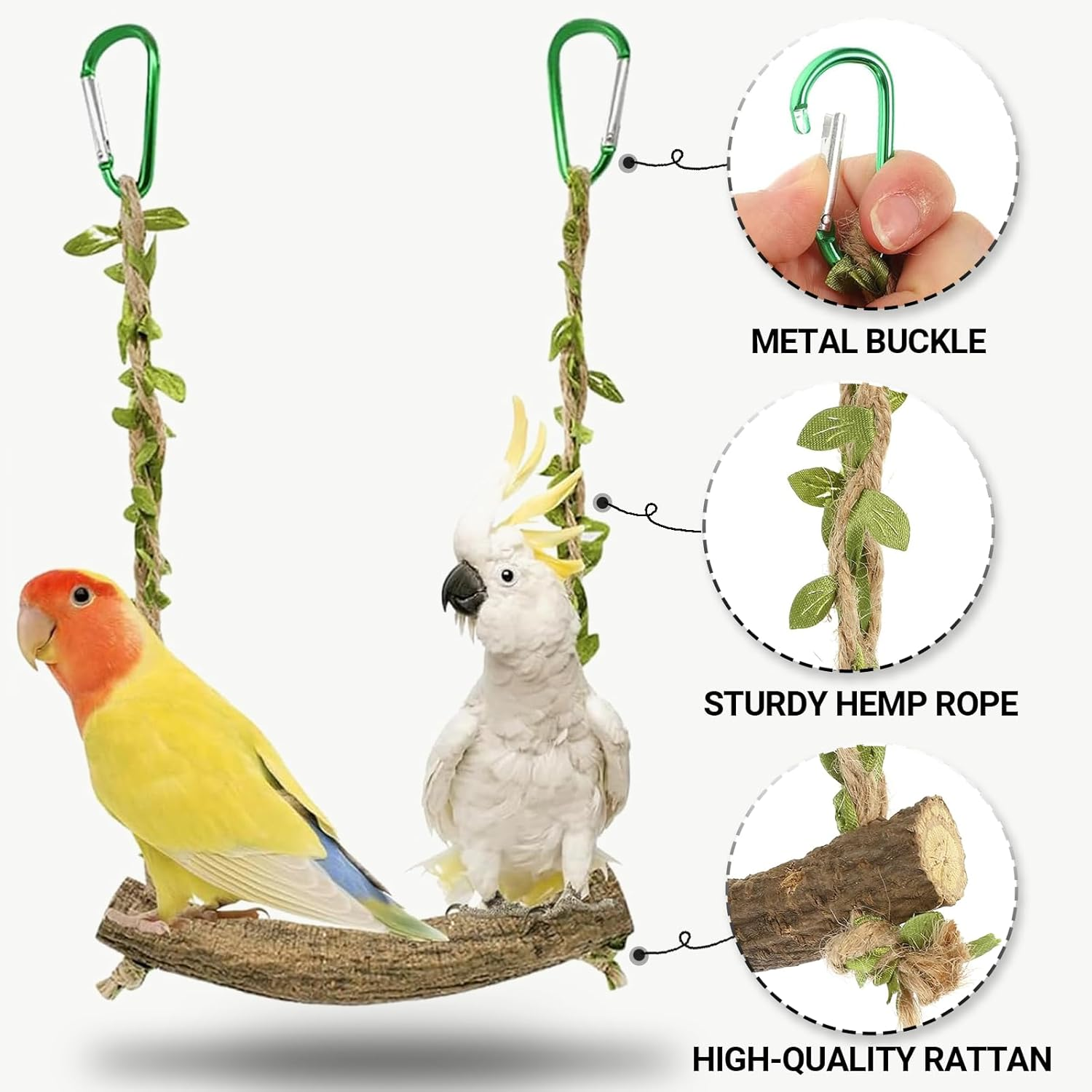 JOWILIN Wood Birds Cage Swing, Bird Perch Stand with Metal Hooks, Parrot Rope Swing Hanging Toy, Bird Chewing Toy, Training Stand Holder for Budgie Conure Finches, Cockatiel, Lovebird image number 4