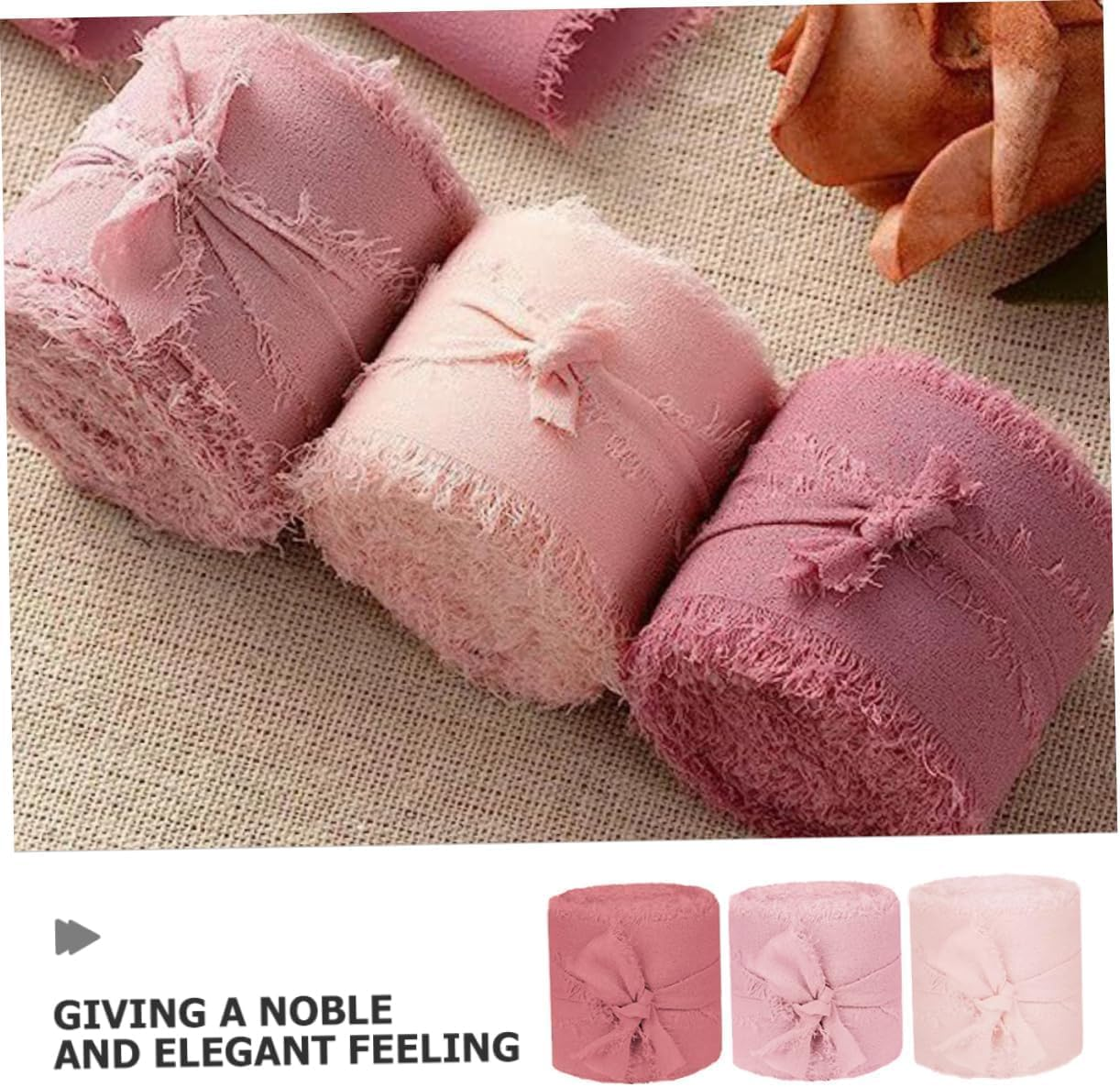 JOWILIN Chiffon Silk Ribbon Fringe, 3 Rolls 1.5" &times; 5.5Yd Handmade Ribbon, Frayed Edges Ribbon for Wedding Invitations Gifts Wrapping DIY Crafts, Bridal Bouquets Party Decorations (Pink)