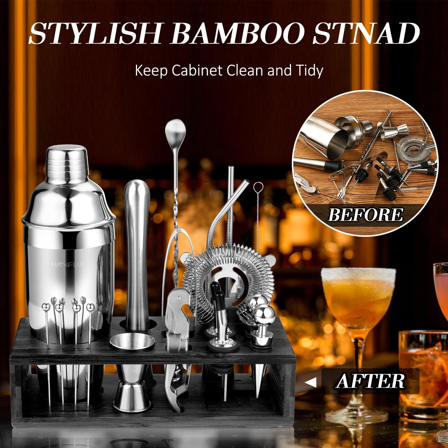 Mixology Bartender Kit Bar Set with Bamboo Stand, 28Pcs 24Oz Cocktail Shaker Set Cocktail Kit, Professional Stainless Steel Bar Tool Set, Black image number 1