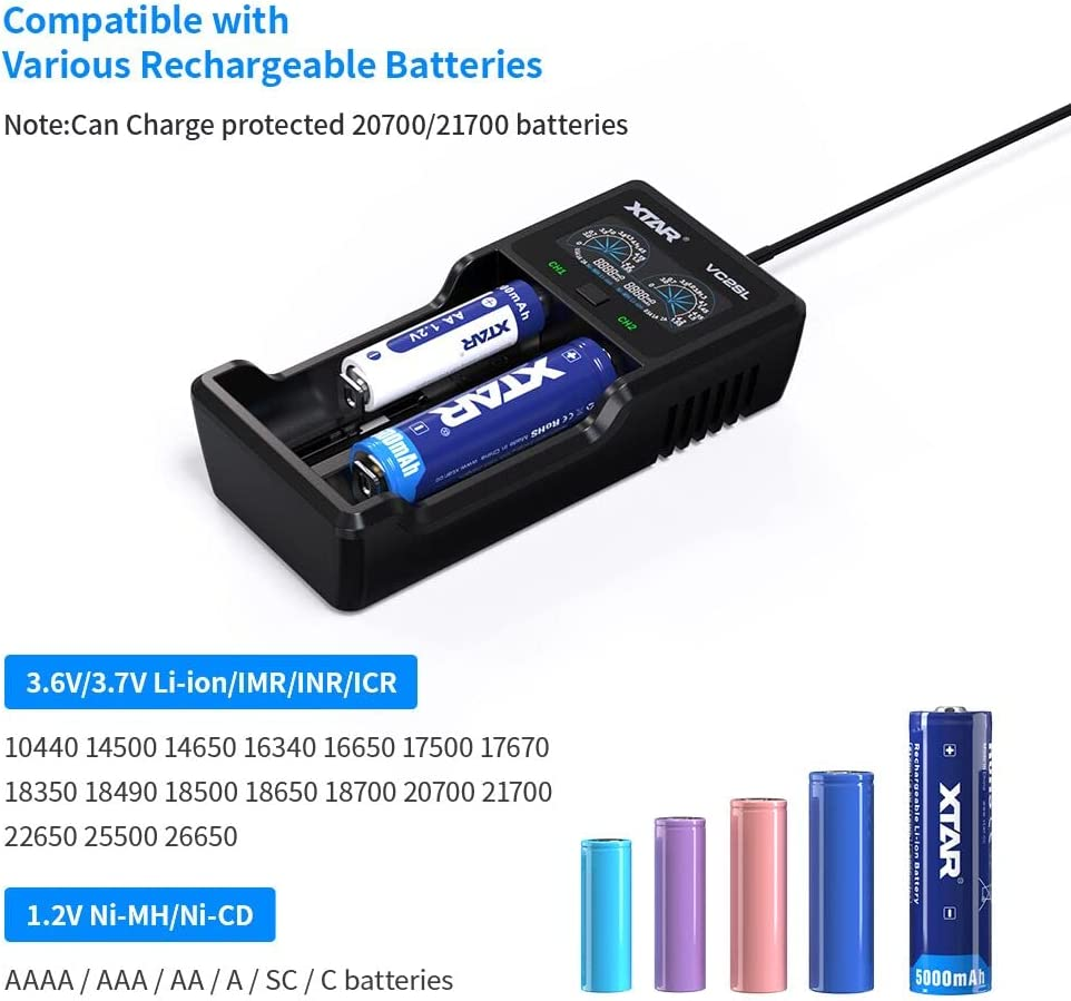 XTAR VC2SL Type C 18650 Battery Charger Universal Intelligent LCD Display 21700 Charger with USB Output for Rechargeable Batteries Li-Ion 18650 21700 18350 16340 14500 Ni-Mh/Ni-Cd a AA AAA image number 5