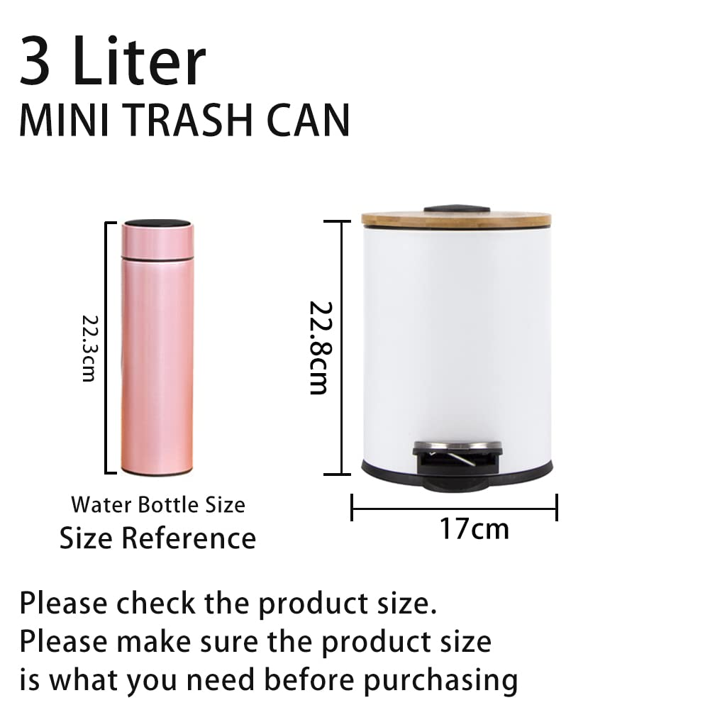Trash Can with Bamboo Lid, 3L Pedal Bin, Mini round Trash Bin with Removable Plastic Inner Wastebasket for Bathroom, Bedroom, Powder Room, Office, Desk, Car (White) - White image number 2