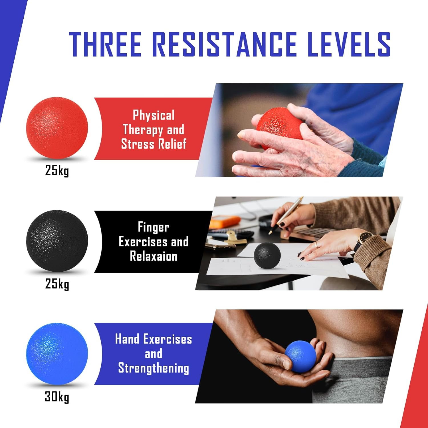 3 Pack Stress Balls for Adults, Squeeze Balls for Hand Therapy, Hand Strengthening Devices with Different Resistance Levels for Finger Forearm Wrist Exercise Relaxation and Pain Relief-4 image number 1