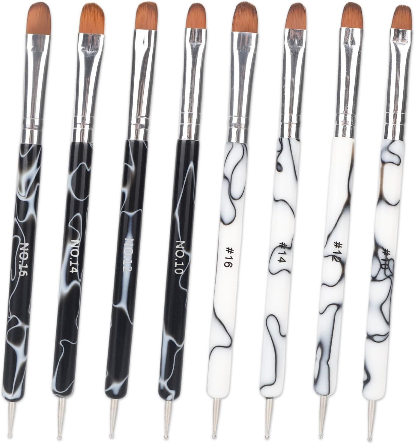 8Pcs French Nail Brushes with Dotting Tool, Dual Ended Gel Acrylic Manicure Brushes for Detailed Clean up Nail Designs (10# 12# 14# 16#, Black and White) image number 3