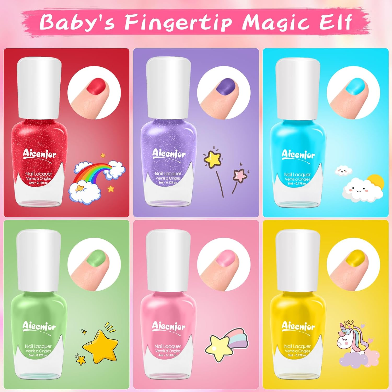 Aieenjor Kids Nail Polish, Non-Toxic Nail Polish Set for Toddler,Water-Based Quick Drying Peel-Off Nail Polish for Kids, 6 Color Rainbow Party, Holiday Favors, Party Favors for Kids Makeup Age 2+ image number 4