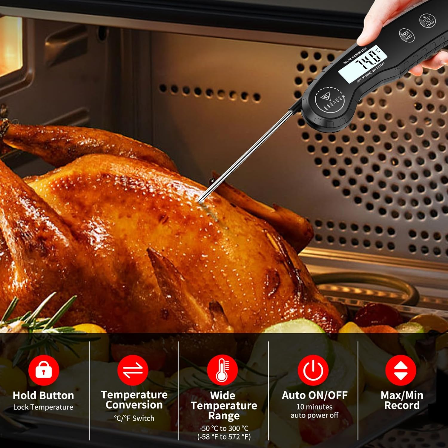 DOQAUS Meat Thermometers, 3S Instant Read Food Thermometer with &plusmn;0.5℃ Precision, Backlit LCD, 12Cm Stainless Food Probe, Auto On/Off Meat Thermometer Probe for Cooking, Baking, BBQ, Water, Oil, Black image number 2