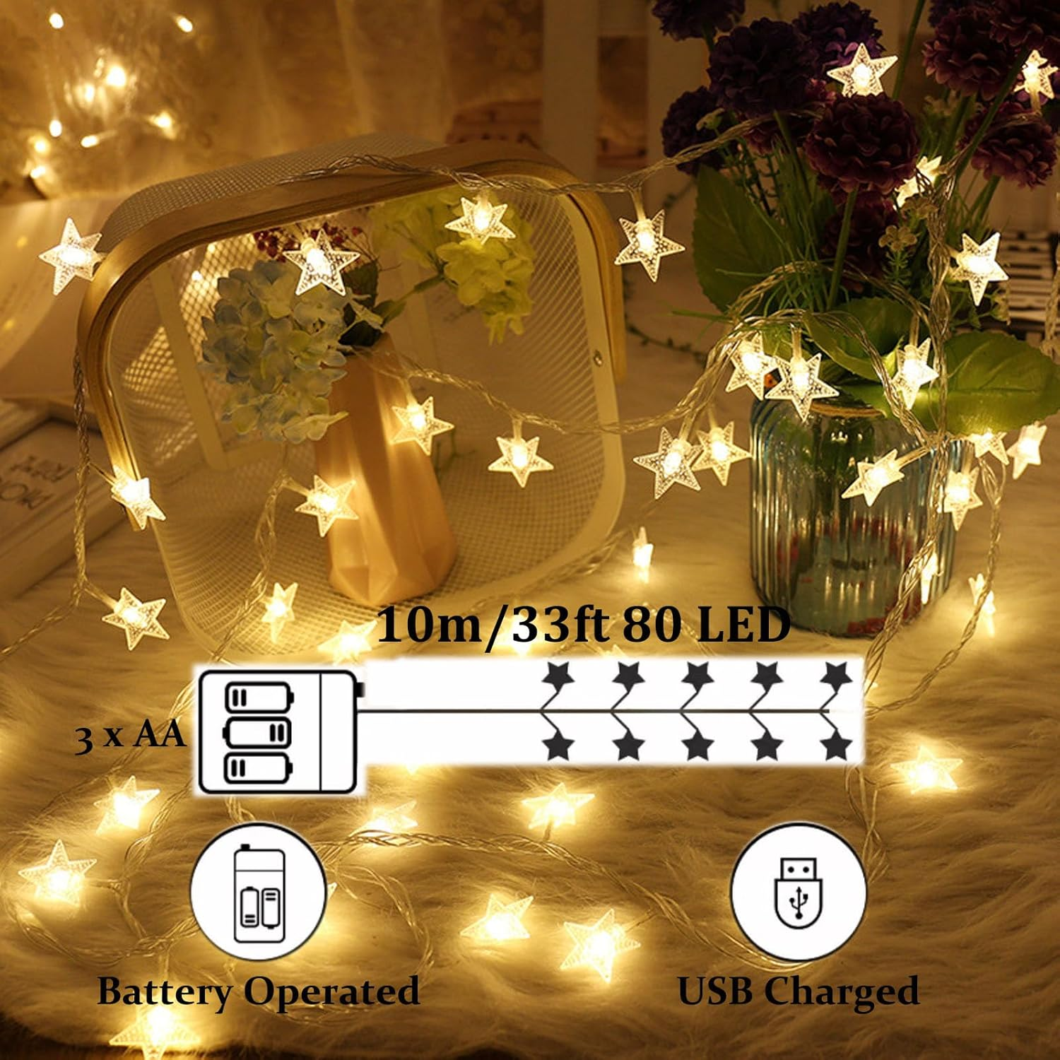 Shgarden Star String Lights Battery Operated(Not Included) USB 33FT 80 LED Twinkle Lights Hanging Star Fairy String Lights for Bedroom Porch Patio Garden Tent Holiday Decorations SH0074 (Warm White) image number 5
