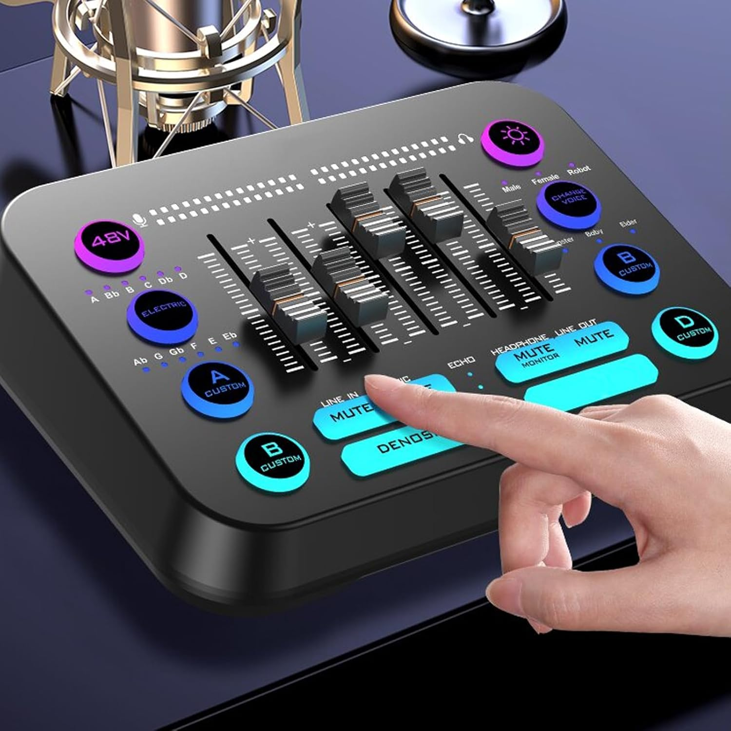 Gaming Audio Mixer, Streaming RGB PC Mixer, with 48V Phantom Power, BT, Individual Control, Volume Fader, Mute Button, for Podcast, Recording image number 3