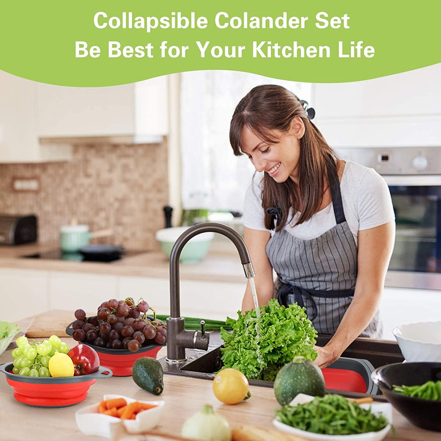 Basket Collapsible Colander Set of 2 round Silicone Kitchen Strainer Set - 1 Large 1 Small Perfect for Draining Pasta, Vegetable and Fruit image number 5