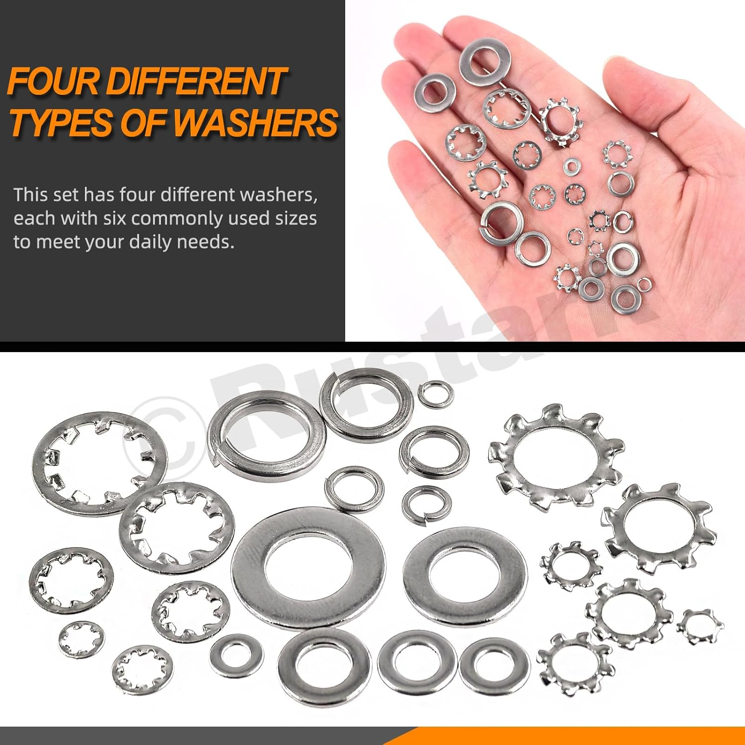 Rustark 400Pcs 6 Sizes 304 Stainless Steel SAE External & Internal Star Washers & Split Lock Washers & Flat Washers Assortment Kit Spring Lock Washers for Home Industry Construction image number 6