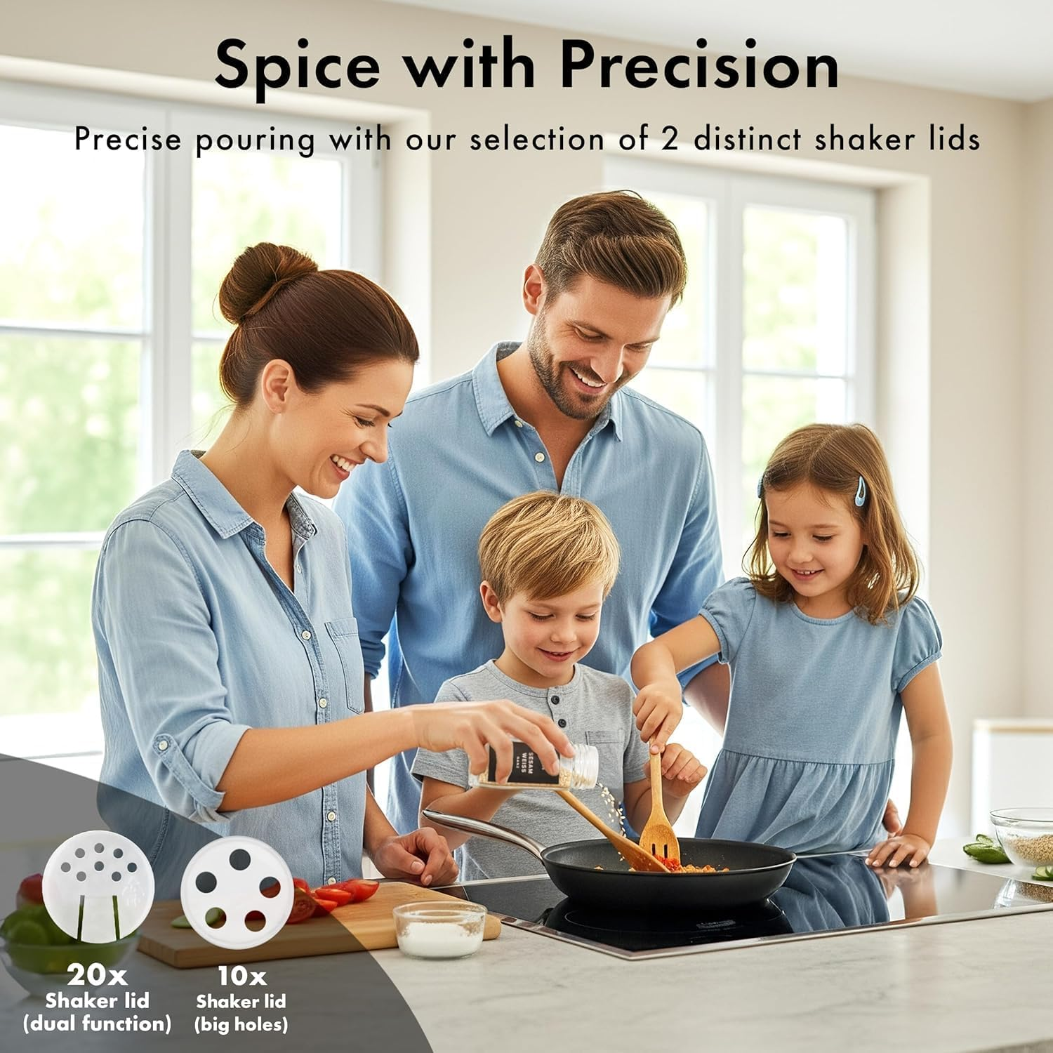 Telfun Square Spice Jars with Bamboo Wooden Lid (Pack of 24) Spice Jars with Shaker Insert and 360 Labels - Bamboo Lid Glass Container for Spice Organisation [4.3 in &times; 1.8 In] image number 3