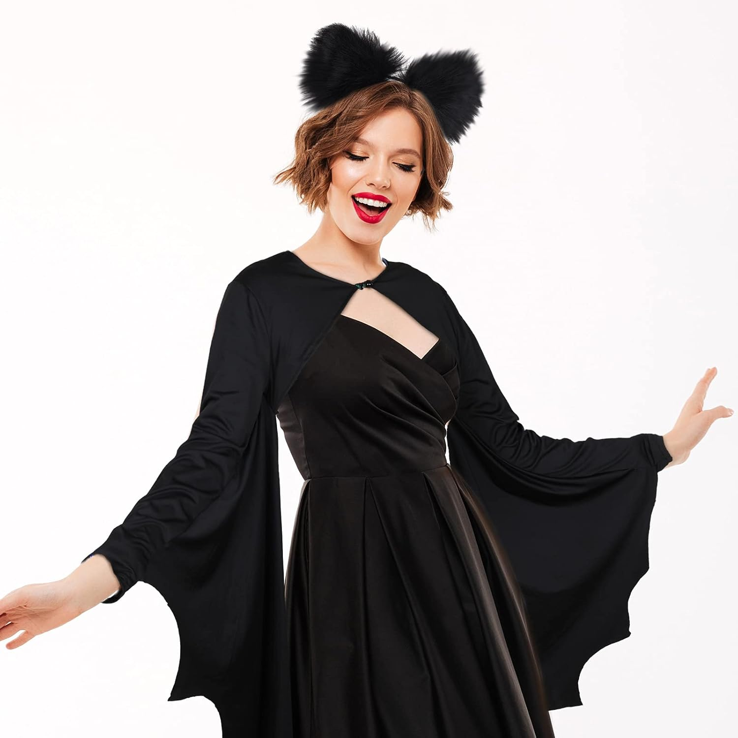 2 Pcs Halloween Bat Costume Accessories Black Bat Sleeve Wings Bat Shrug and Plush Bat Ear Headband for Halloween Dress Up image number 3