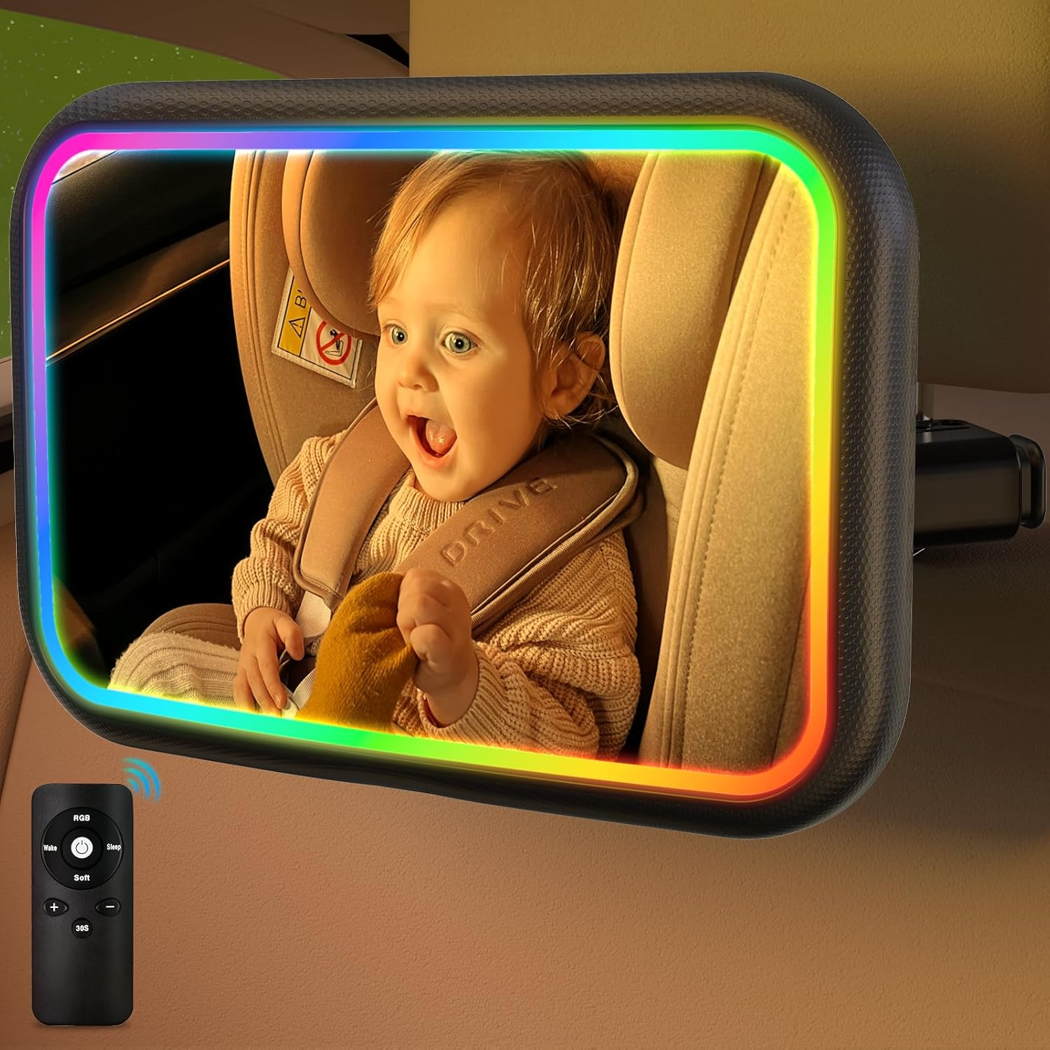 Baby Car Mirror with Light, 11 LED Modes, 360&deg; Rotatable, Remote Control, Wide Angle, Shatterproof, Easy Install, Black, Rear Car Mirror image number 3
