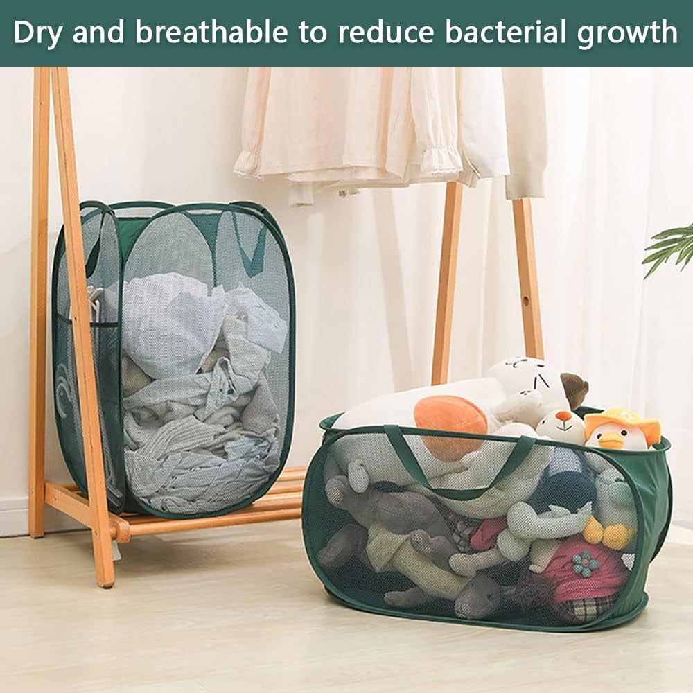 2 Pack Foldable Pop up Mesh Laundry Hampers Large Green Laundry Baskets with Handles and Side Pocket for Clothes Toys and Home Storage