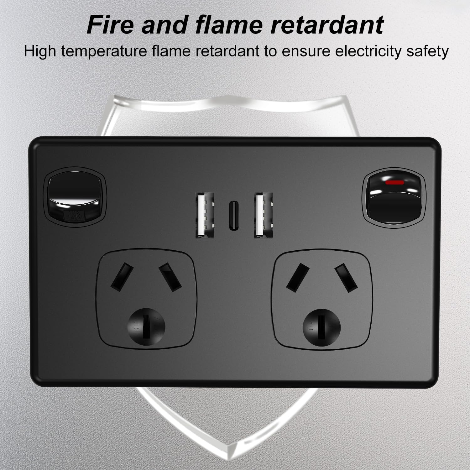 Double Power Point with 2 USB a and 1 Type C, GPO Wall Outlet, Fast Charging 5V 3.6 Amp, SAA RCM Approved, Single Switch, 10A/2400W, Black image number 6