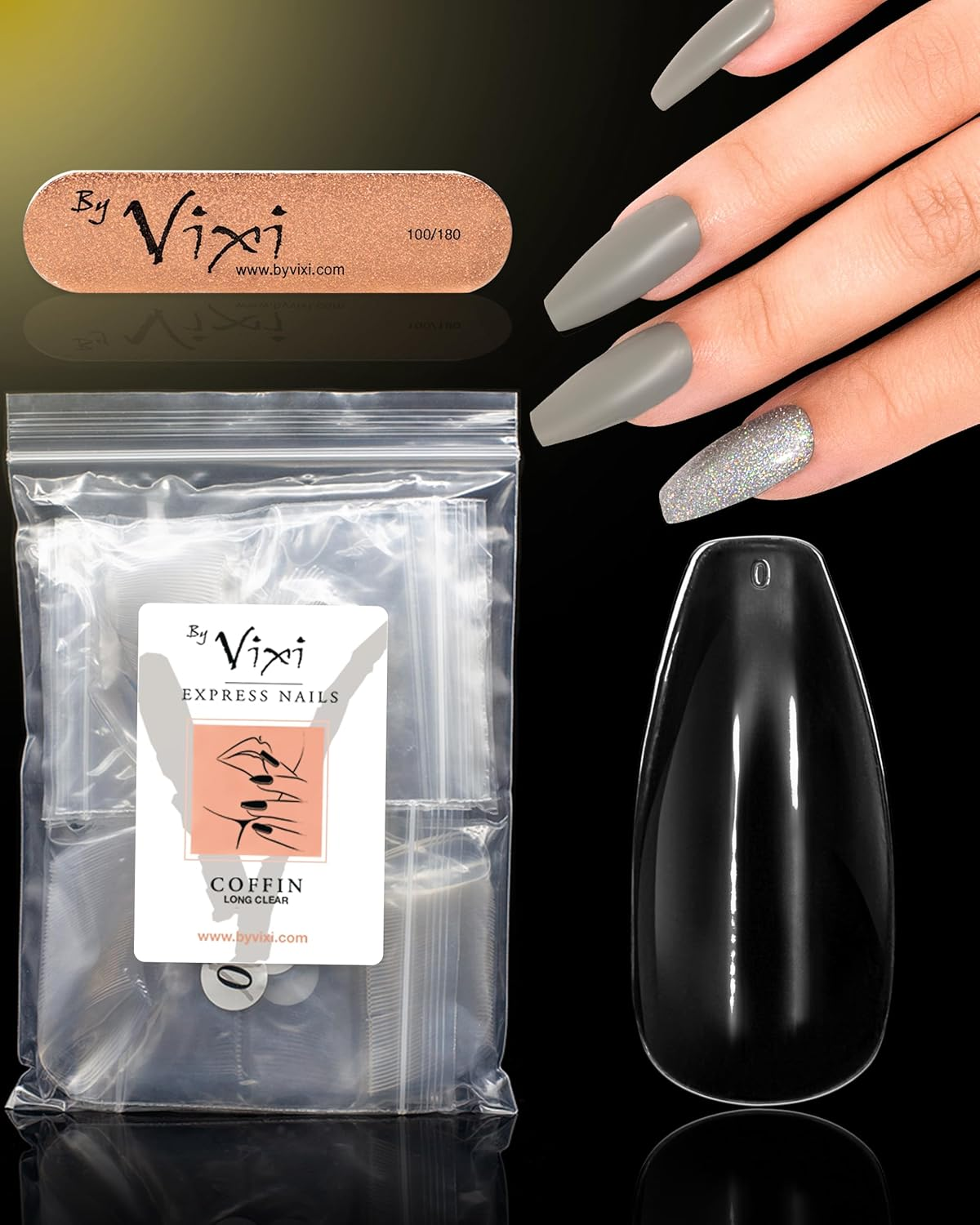By Vixi 600 MEDIUM ALMOND NAIL SET with PREP FILE, 10 Sizes &ndash; Clear Express Full Cover False Fingernail Extensions for Salon Professionals & Home Use