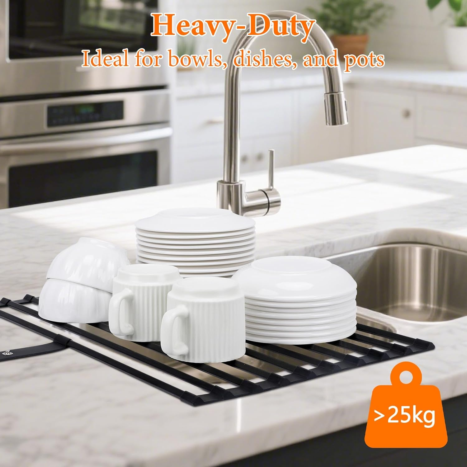 Euqvunn Roll Dish, Large Foldable Sink Drainer Mat Rack with Anti-Slip Silicone Edges and Strap, for Drying Plates, Bowls, Cups, 51X32Cm, Black image number 1