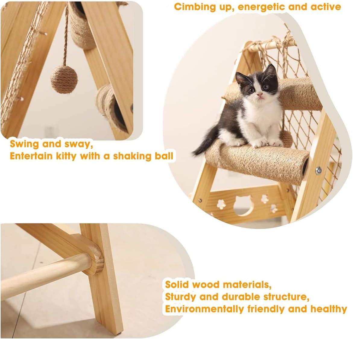 AIMALL Multifunctional Sisal Cat Climber with Hammock, Scratching Posts, and Play Ball - Durable Wood Cat Climbing Tower for Active Cats and Kittens - 33.5 Inch Tall image number 2