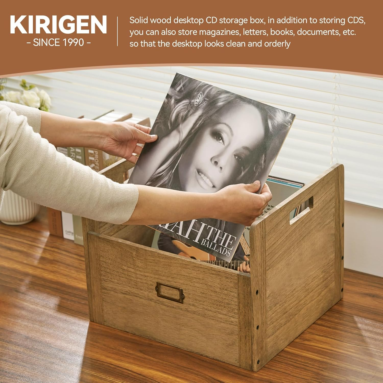 KIRIGEN Vinyl Record Storage Organizer Crate Wooden Storage Organizer Box Hold up to 80 Record and LP Dark Brown CDH-DBR - Dark Brown image number 5