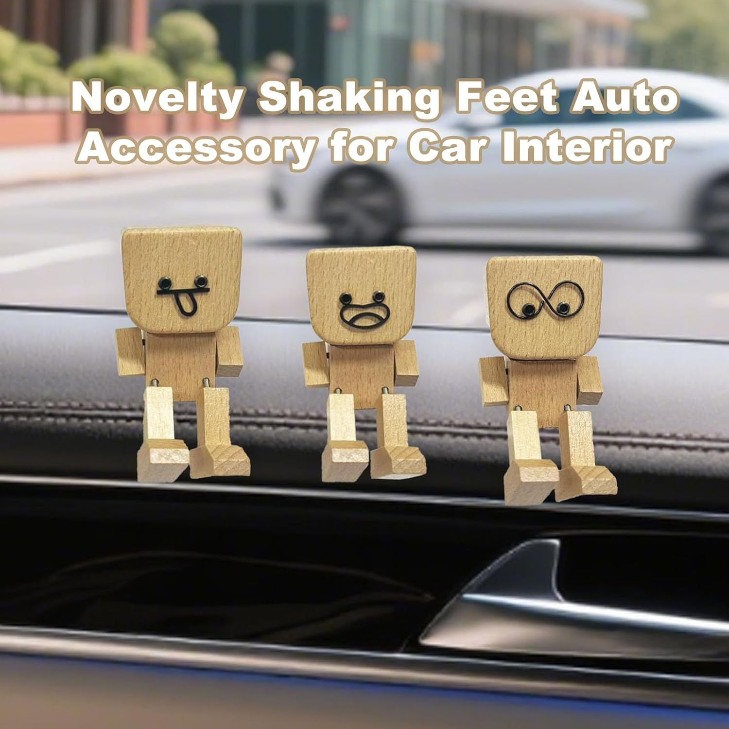Shaking Wooden Man Figurine for Car Dashboard, Shaking Feet Wooden Doll with 12PCS Magnetic Expressions, Handmade Creative Wood Desktop Decor image number 2