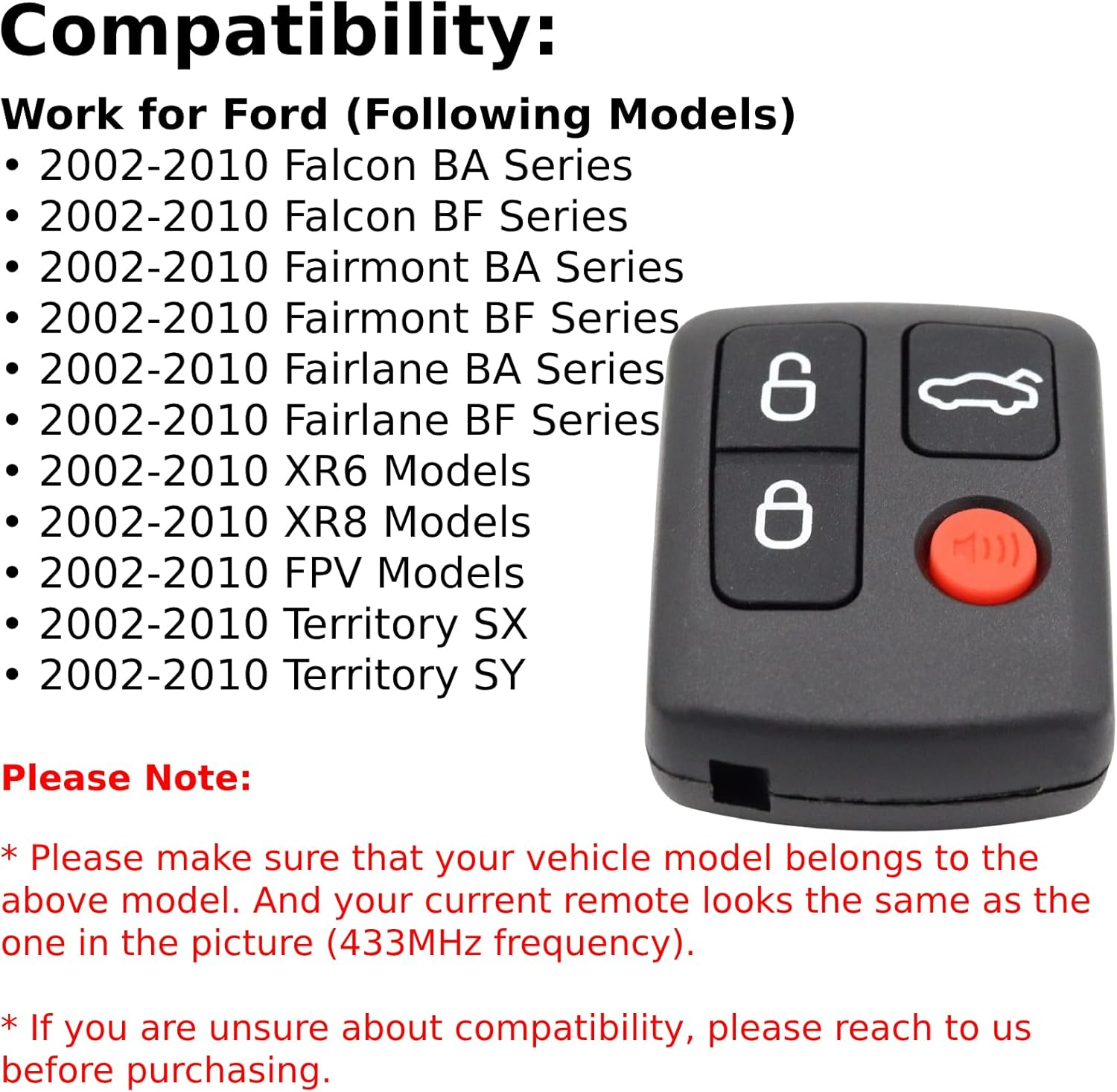 QSDIYRF 4-Button Car Remote Compatible with Ford Falcon/Fairmont/Fairlane BA BF 2002-2010 Series, Works for Xr6/Xr8/Fpv/Territory SX SY 2002-2010 Models, 433Mhz Complete Remote Replacement, 1 Pack image number 5