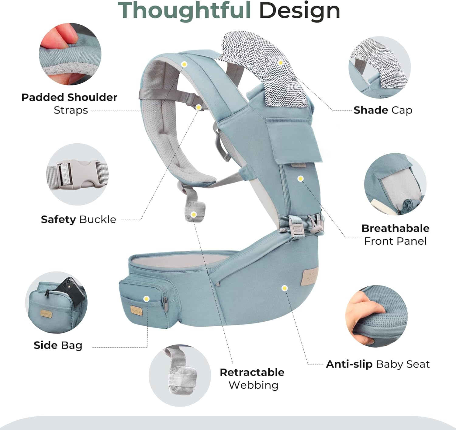 FRUITEAM Baby Carrier, 6-In-1 Baby Carrier with Waist Stool, One Size Fits All -Adapt to Newborn, Baby Hip Carrier for Breastfeeding, Infant & Toddler, Blue image number 5