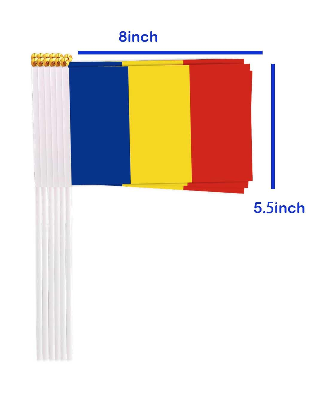 25 Packs Small Romania Flags on Handheld Stick，Miniature Romanian Flag for Outside,4X6 Inch Mini Hand Held Banner with Golden Topper,Patriotic Decorations