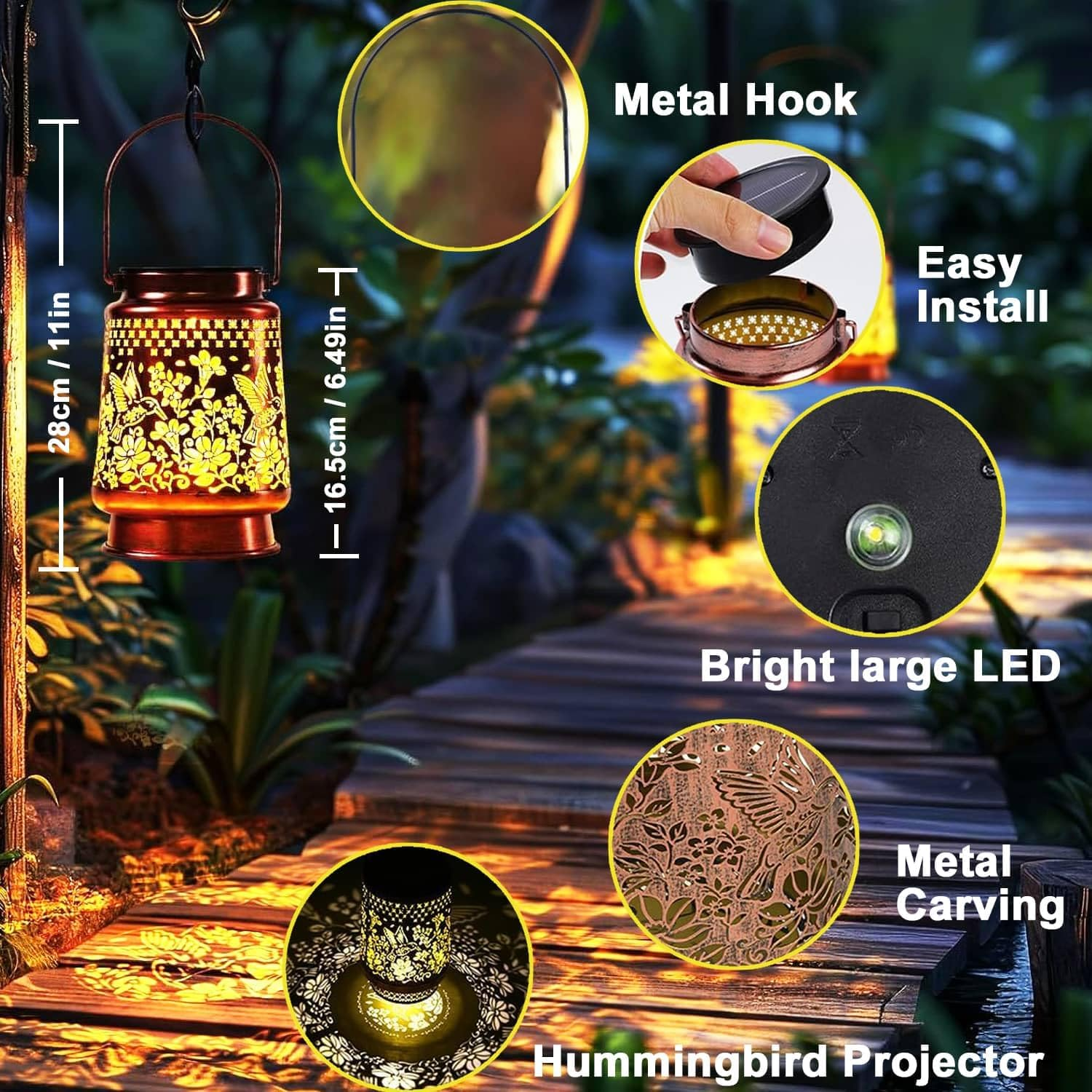 Joysing Solar Lights for Outdoor Hanging Pack of 2 Solar Lanterns for Outdoors, IP44 Waterproof Hummingbird Lantern, Garden Decoration, Metal Solar Garden Light, Vintage Solar Lantern for Patio, Lawn image number 1