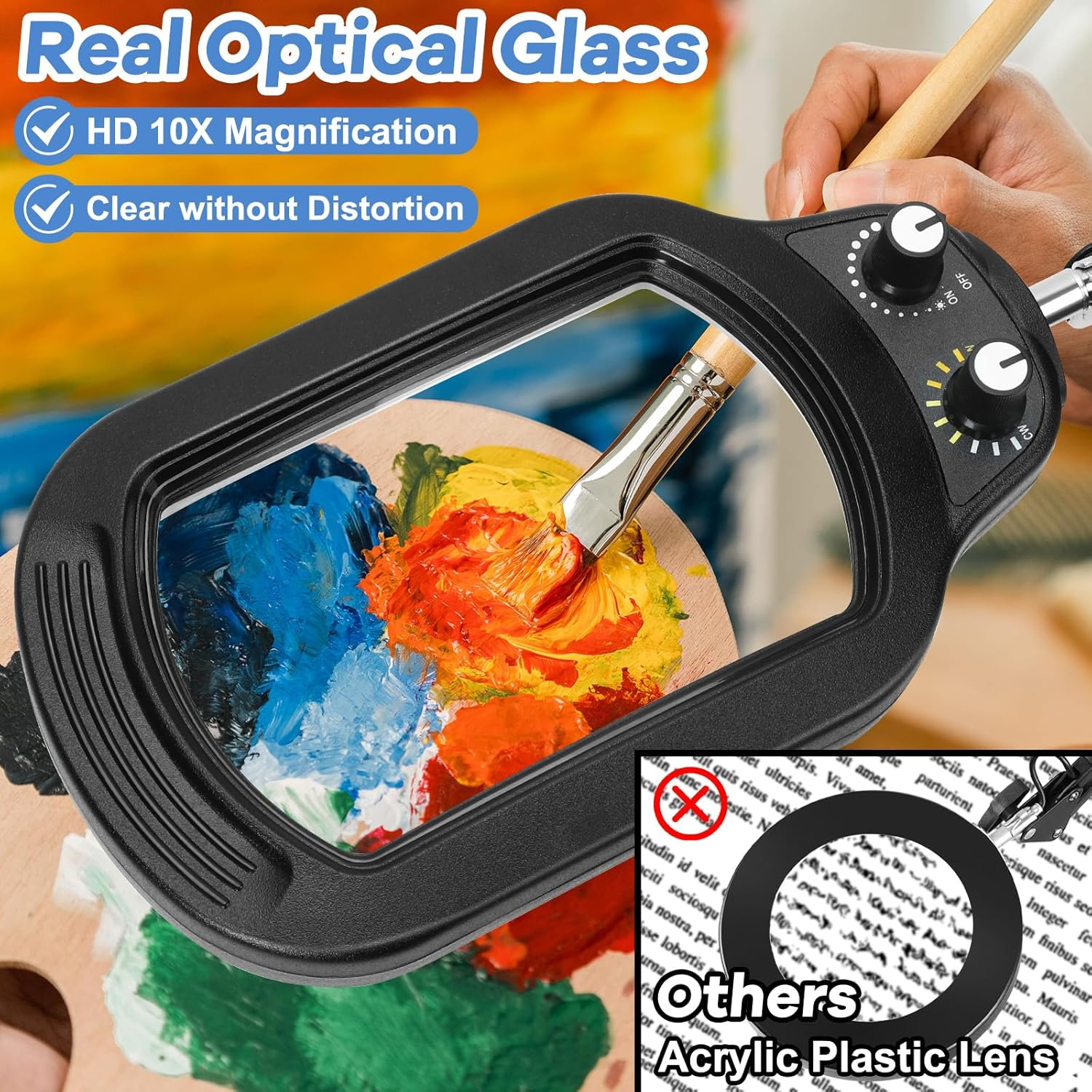 10X Rectangle Magnifying Glass with Light and Stand, Real Glass Lighted Magnifier Hands Free, Mechanical Knob 5 Color Modes Stepless Dimmable, 2-In-1 LED Desk Lamp with Clamp for Reading Hobby