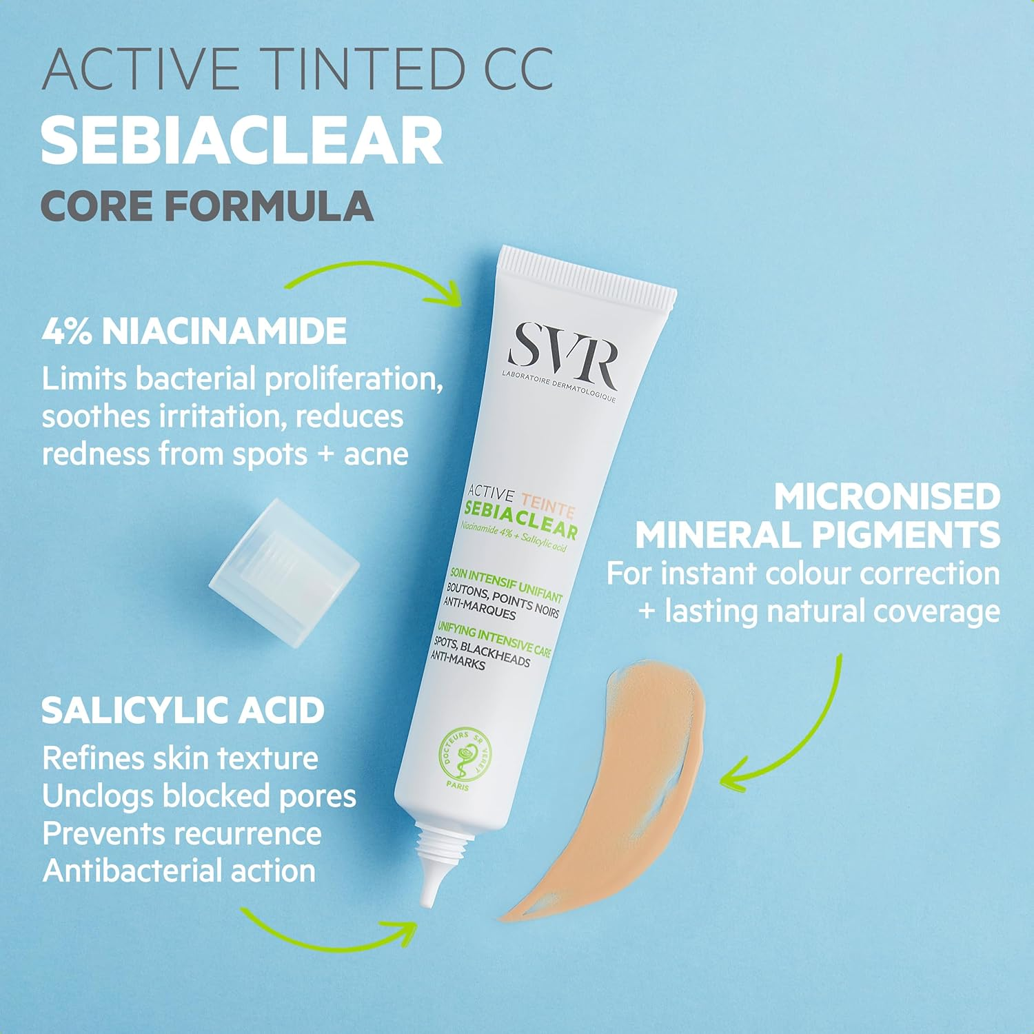 SVR SEBIACLEAR Active - Anti-Blemish Face Gel-Cream for Acne-Prone, Oily, Combination Skin, Intensive Corrector for Whiteheads, Blackheads and Redness, 40Ml (Tinted) image number 3