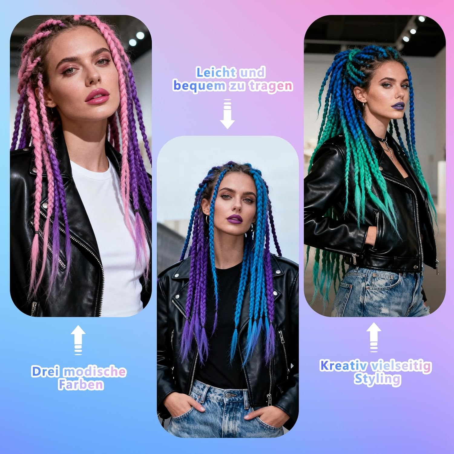 Raheem Pack of 3 Jumbo Braids Hair 24 Inch Braided Hair Extensions Colour Gradient 3 Colours Jumbo Braided Hair Extensions with 3 Crochet Hooks, Fashionable Synthetic Hair for Braiding Hair image number 2