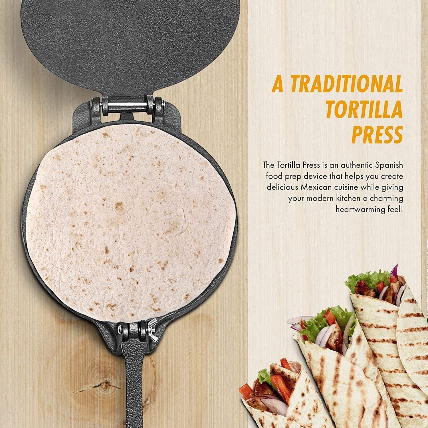 Msiud Cast Iron Tortilla Press, Chopper Press Taco Press Roti Maker Chapati Pizza Rolling Machine Tortilla Machine Kitchen Gadget for Flour Tortilla Tawa or as Dumpling Casting Press 16 Cm image number 6
