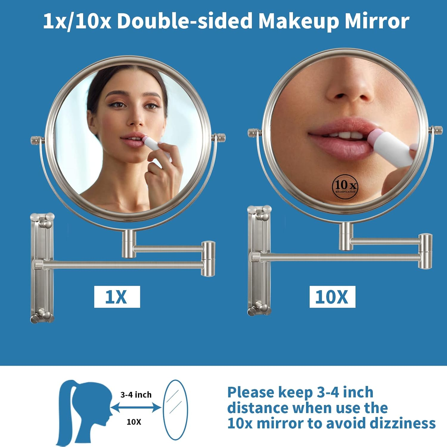 Yinjupu Makeup Mirror with Adjustable Height, Rechargeable 1X/10X Wall Mounted Makeup Mirror Magnifying Dimmable Double Sided 8'' Vanity Mirror (Adjustable Brush) - New Black 3 image number 5