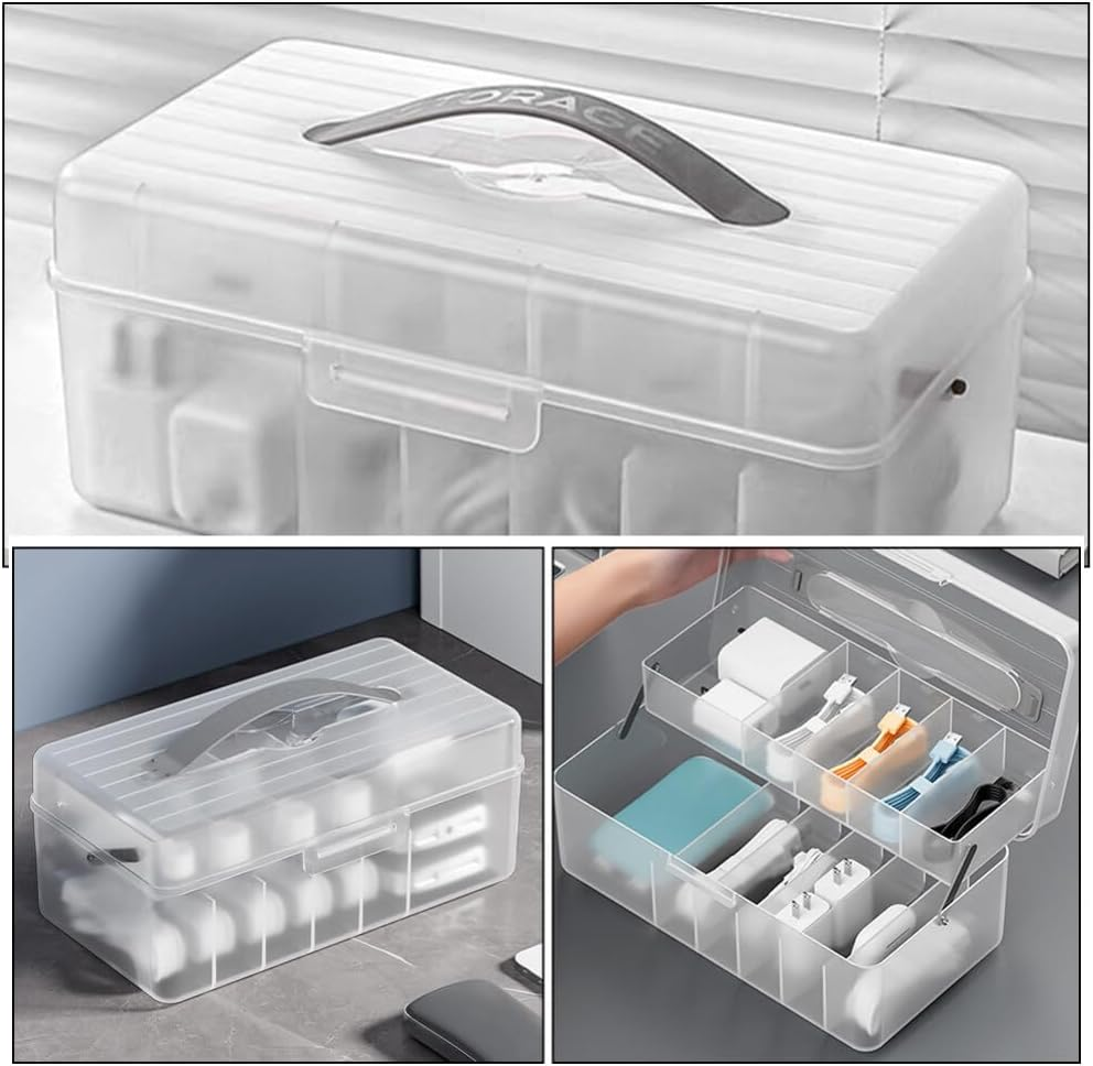 Housoutil Portable Double Electronics Organizer Bin for Cables and Chargers Storage Box for Home Office and Travel Multi-Compartment Cord Organizer for Efficient image number 3
