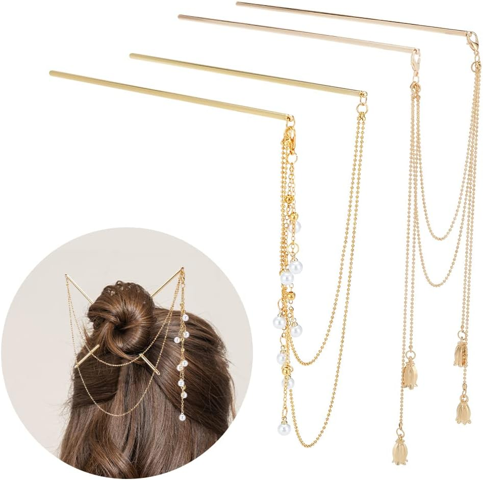 WEBBEDY 2-Style Chinese Double Chain Hair Chopsticks Vintage Tassel Hair Sticks Hanfu Chignon Hairpins Hair Accessories for Long Hair image number 5