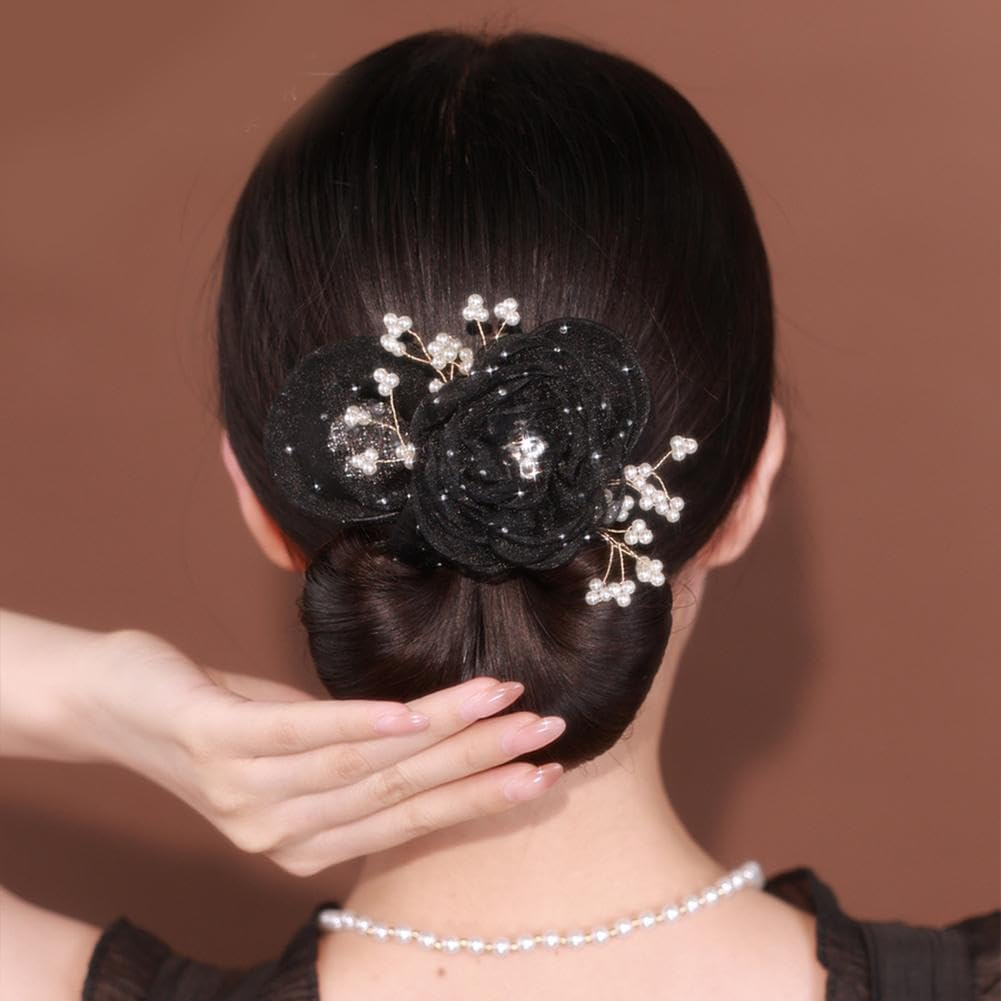 PLGEBR Hair Bun Maker,Hand Embroidered Flowers Deft Bun,Floral Design Dotted Bun Maker,Exquisite Bun Maker for Long Hair,Women Mesh Ballet Hair Styling Accessories image number 1
