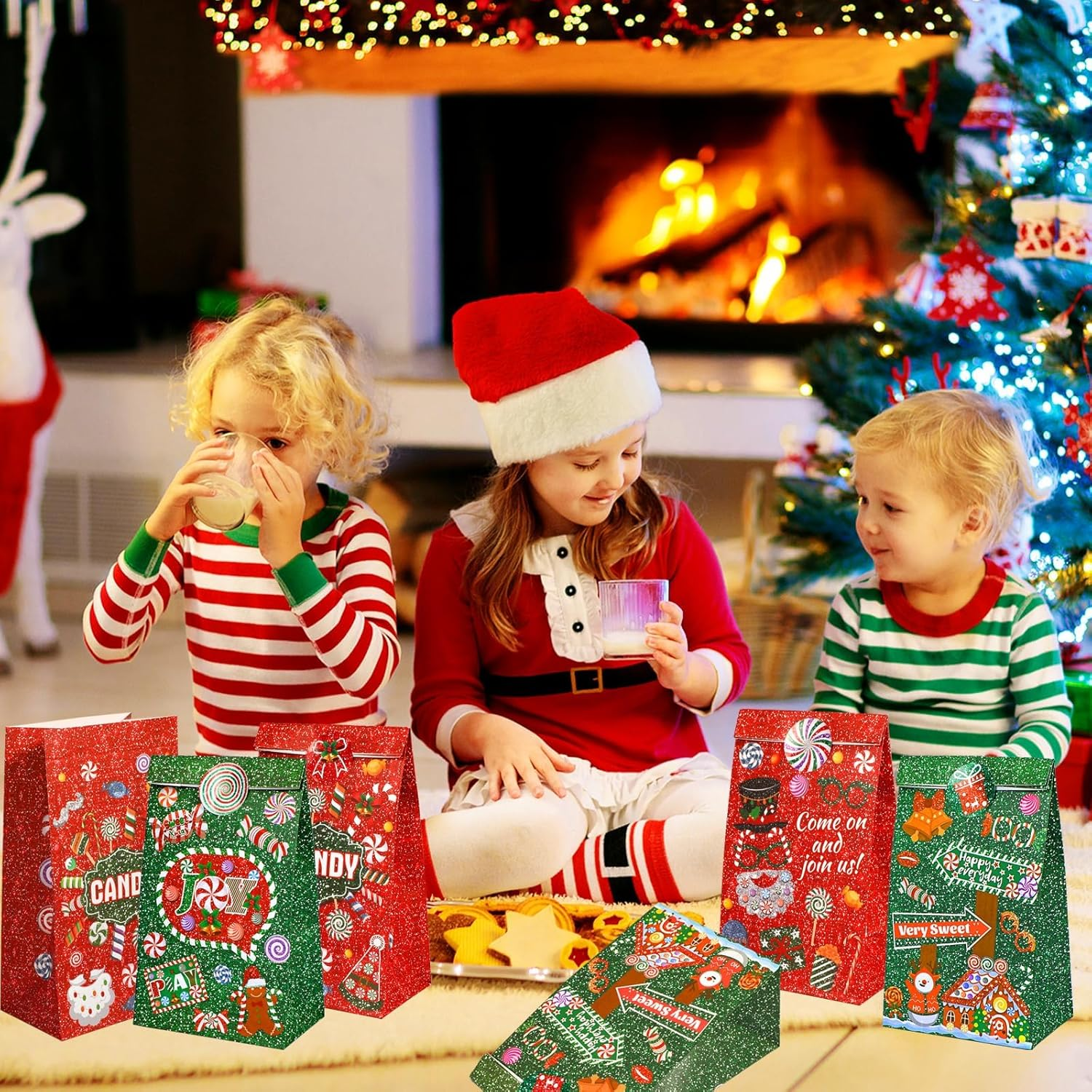 Rukoy 100 PCS Christmas Candy Bags,Christmas Paper Bags,Merry Christmas Candy Bags with Stickers, 12Pcs Christmas Peppermint Treat Bags for Xmas Holiday Party Favors Lollipops Goodie Bags, Party Gift Bags for Present Packing image number 2