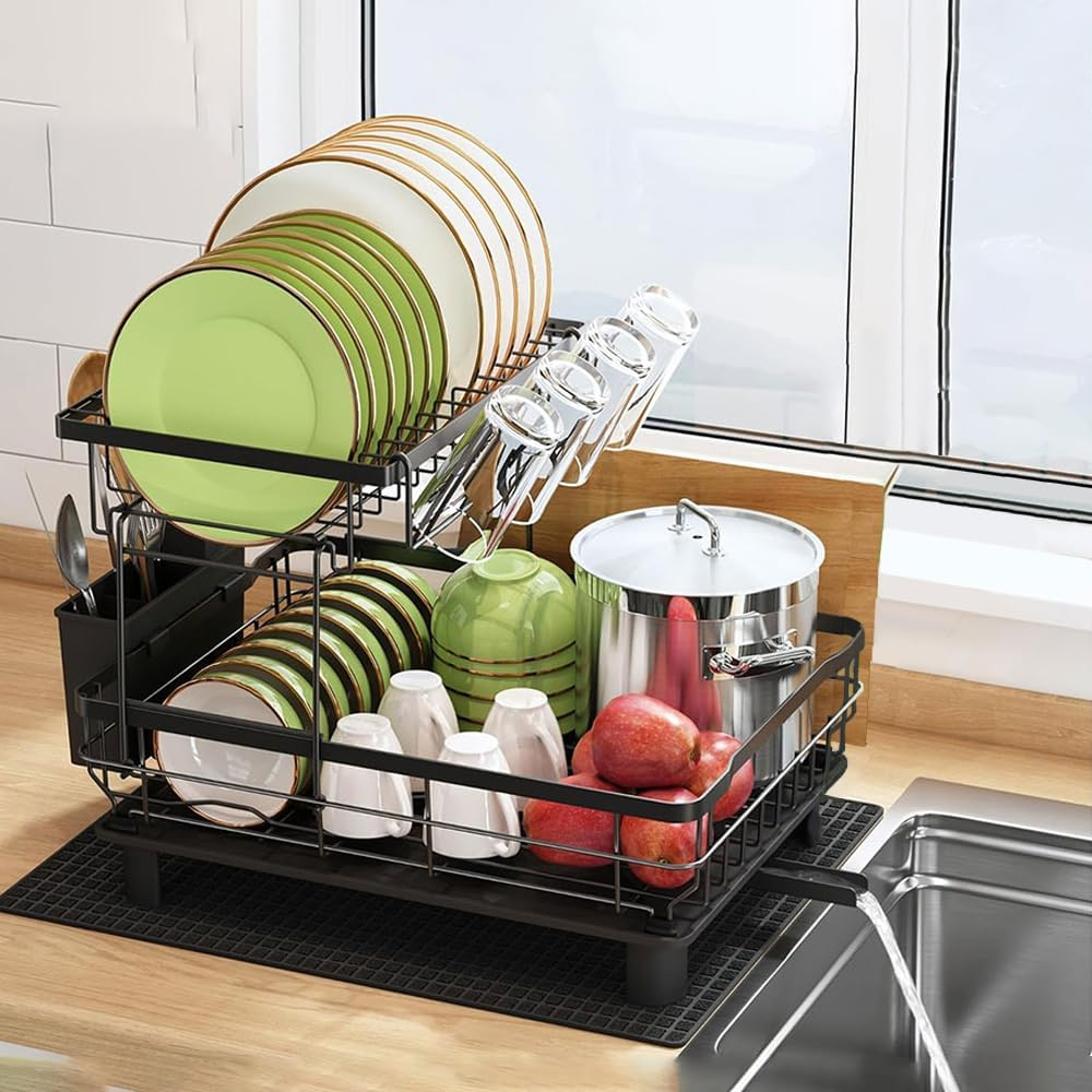 2-Tier Stainless Steel Dish Drying Rack for Kitchen Counter -Detachable Large Dish Drainer Set, Utensil & Cutlery Holder for Kitchen Storage & Organisation (Black) image number 5