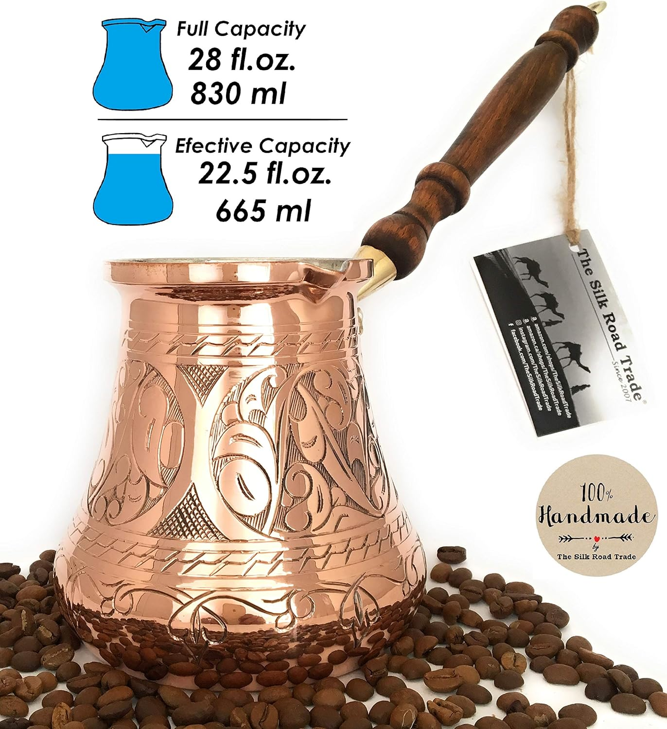 PC Series - Thickest Solid Copper Turkish Greek Arabic Coffee Pot, Heavy Duty Engraved Body Hammered Bottom with Wooden Handle, Stovetop Coffee Maker Jazzve Cezve Ibrik Xx-Large Copper image number 5
