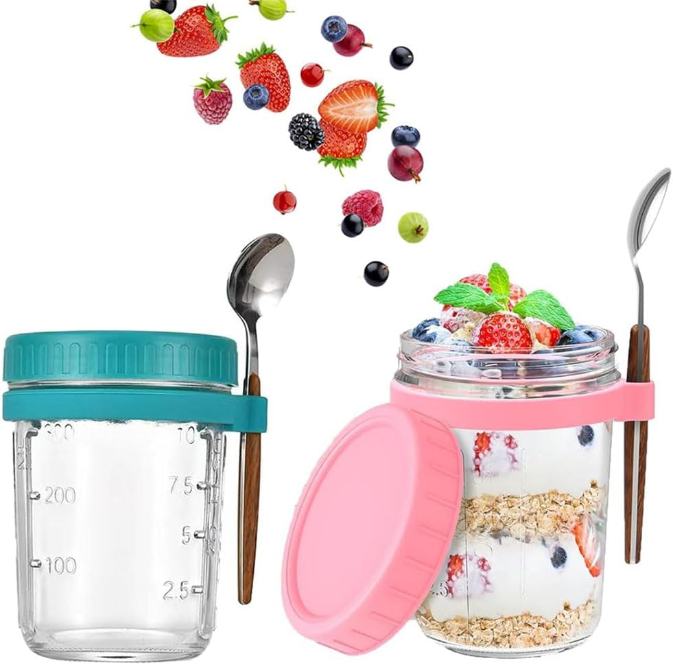 Aufondof 2 Pack Overnight Oats Containers with Lids and Spoons,14 Oz/400Ml Glass Mason Jars for Overnight Oats Airtight Jars Leak Proof Oatmeal Container Meal Prep Jar for Yogurt,Milk,Fuirt,Salad