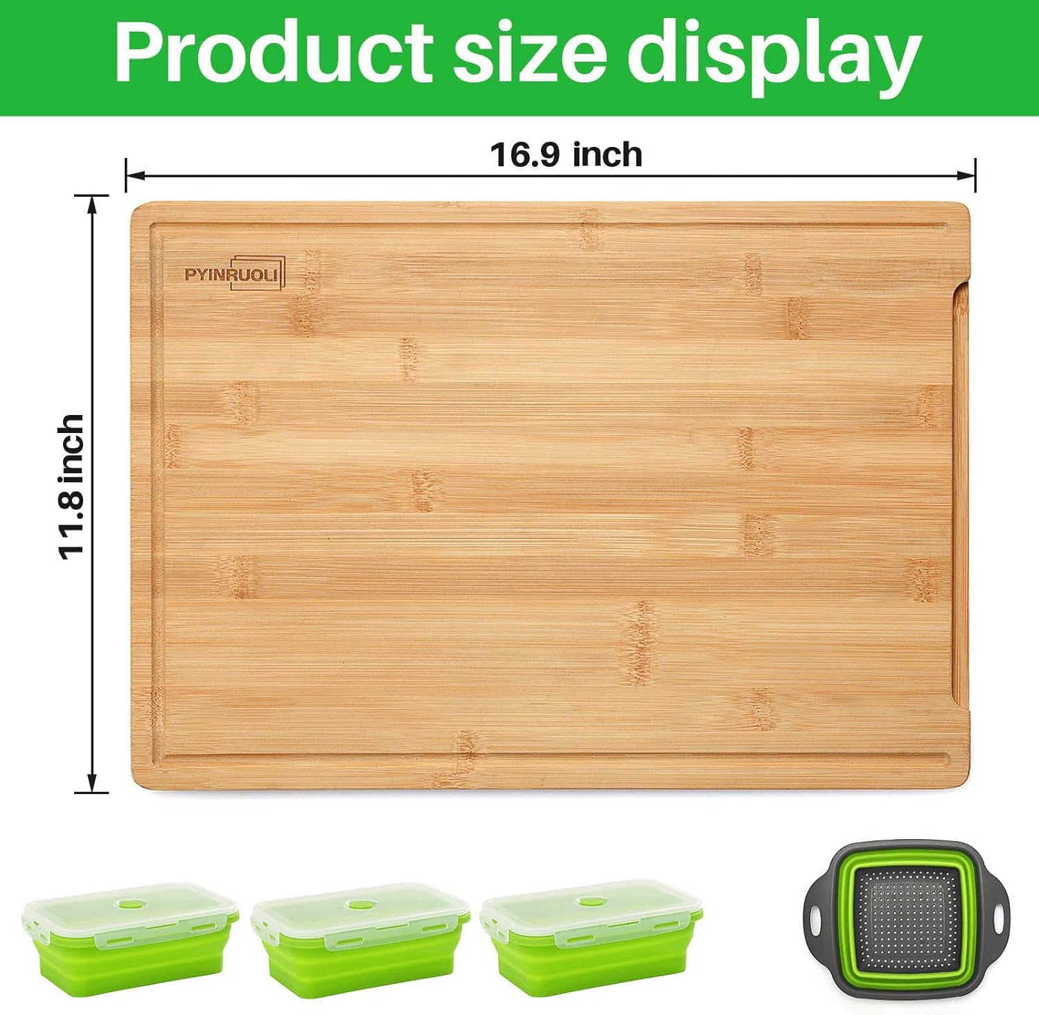 Expandable Bamboo Cutting Board with Containers,Over the Sink Cutting Board for Kitchen,Meal Prep Deck for Food (Green) image number 3