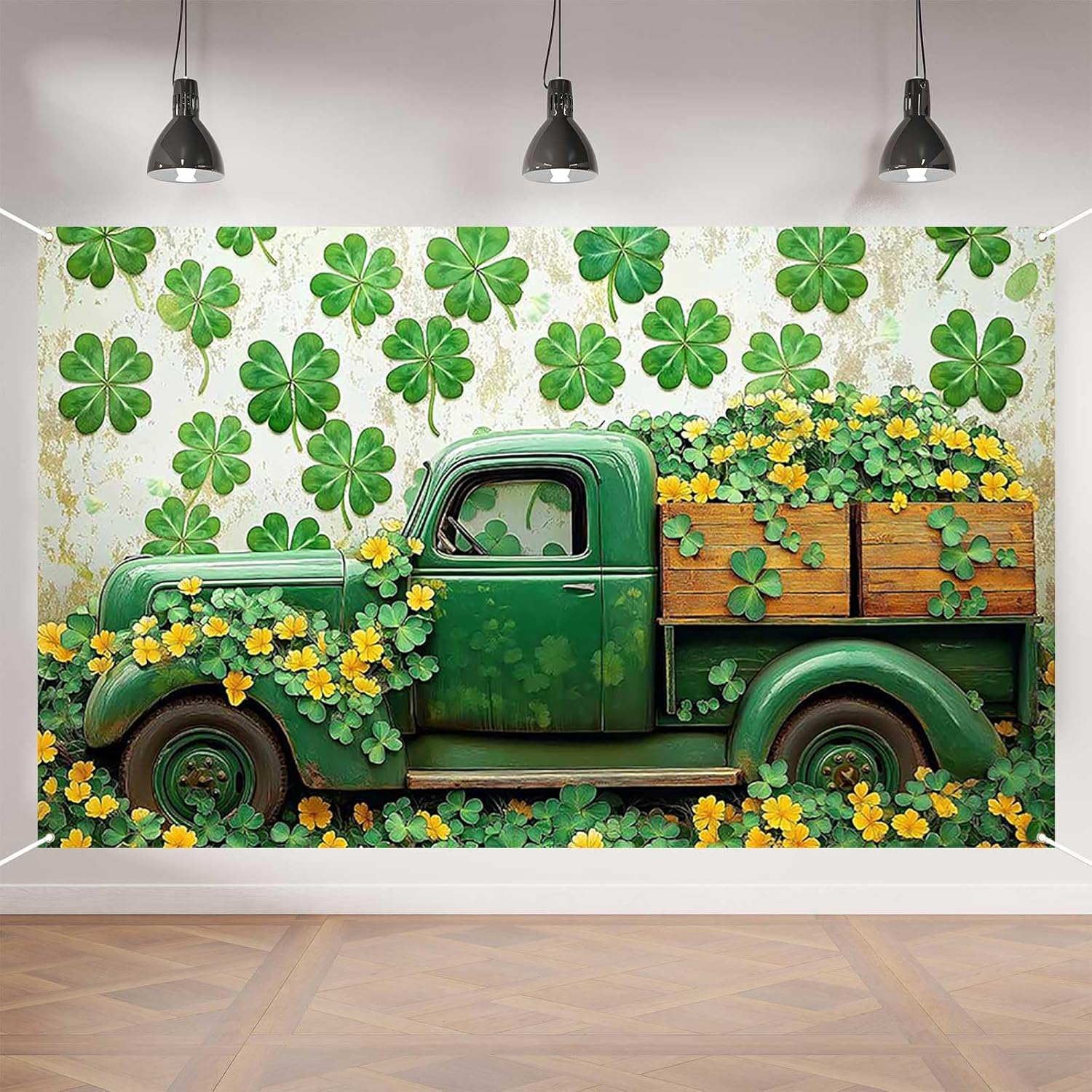 Aperturee St. Patrick&rsquo;S Day Banner - 70.8X43.3 Inch, Green Vintage Truck and Clover Backdrop, Lucky Shamrock Decoration Photo Booth Props Photography Background