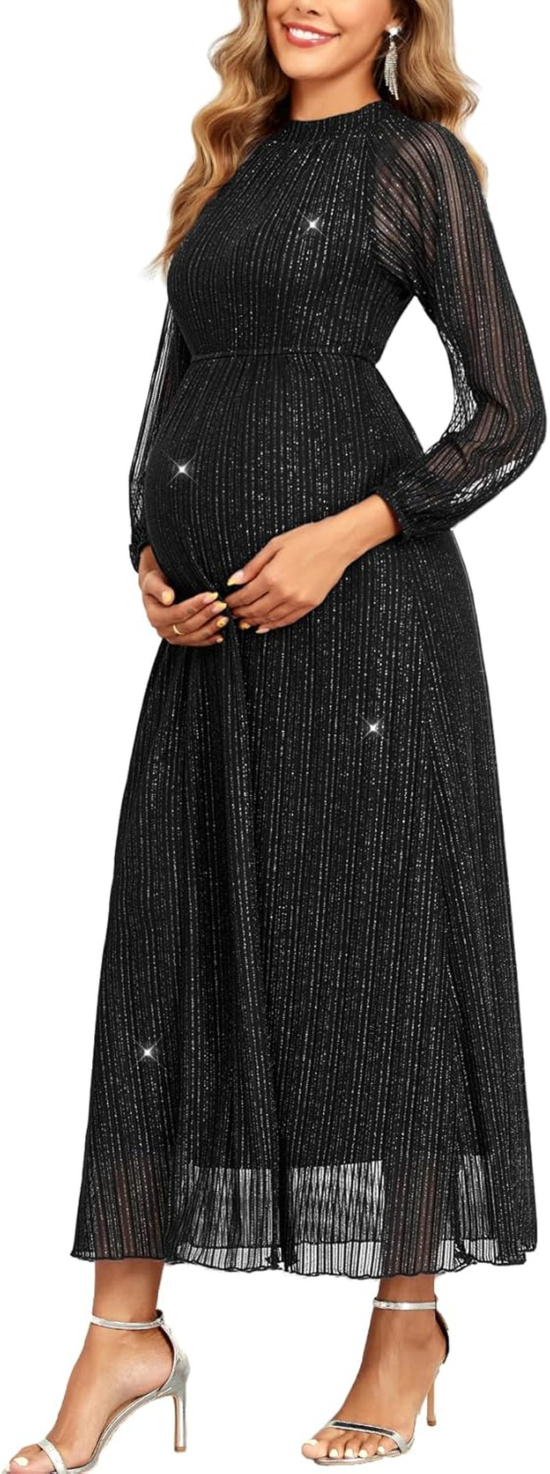 Maternity Sparkly Dress Halter Neck a Line Long-Sleeve Raglan Pregnancy Dresses Semi Formal Baby Shower Photoshoot