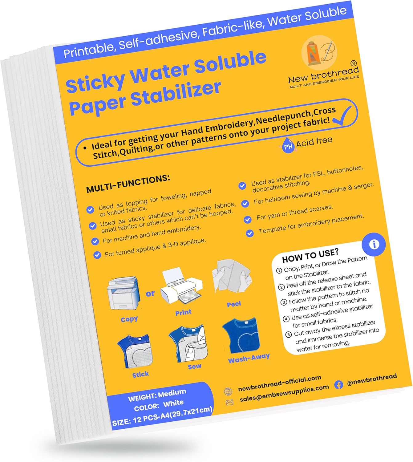 New Brothread 12PCS A4 Sticky Water Soluble Embroidery Stabilizer Printable Paper Stabilizer - Medium Weight - Allowed for Print or Draw Patterns Best for Hand & Machine Embroidery
