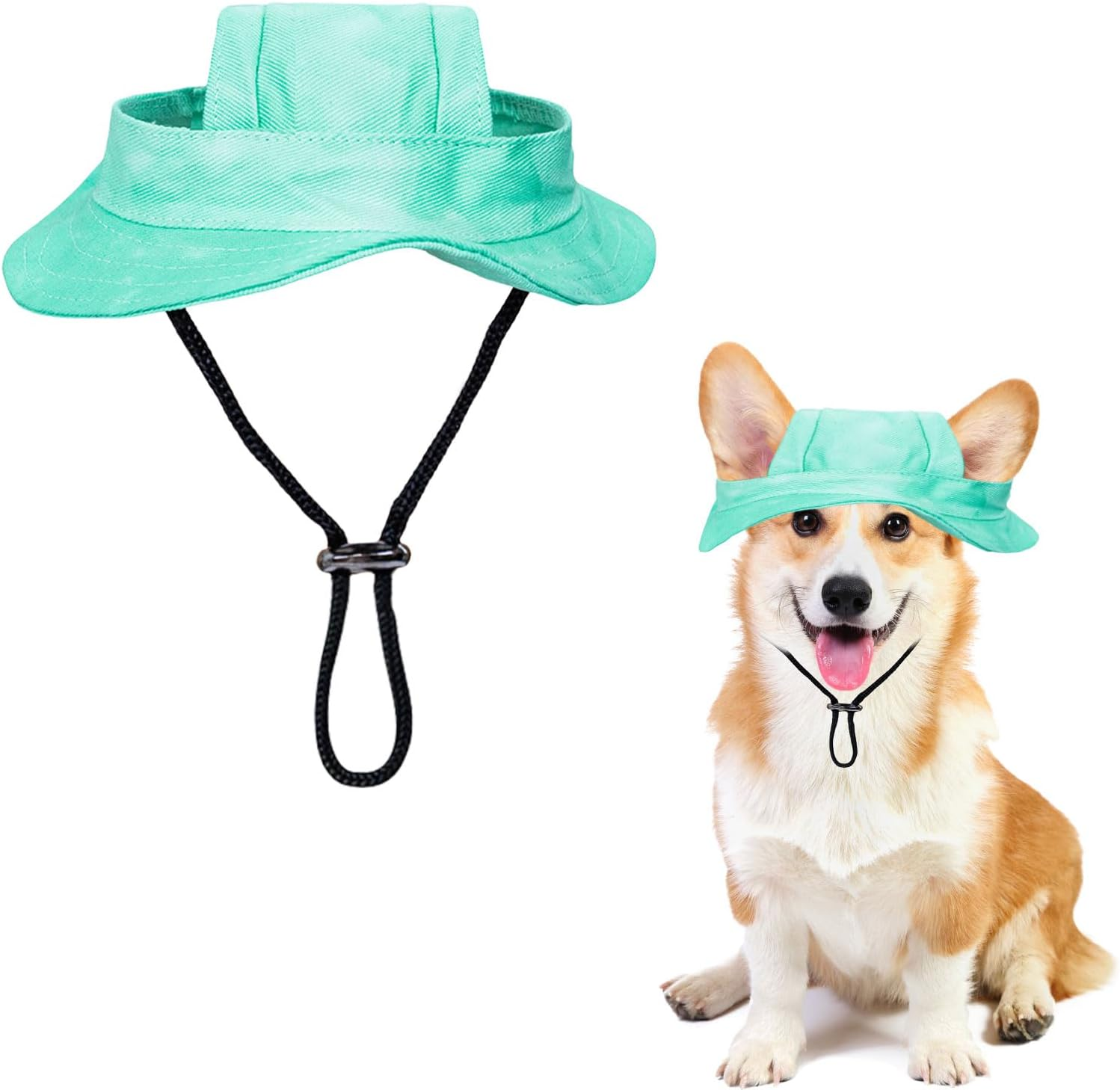 Dog Sun Hat, 1 Piece Adjustable Dog Sun Protection Hat with Ear Holes, round Brim Dog Visor Cap, Pet Fishing Hat for Puppies, Small Dogs, Cats, Outdoor Sports (Green, M)