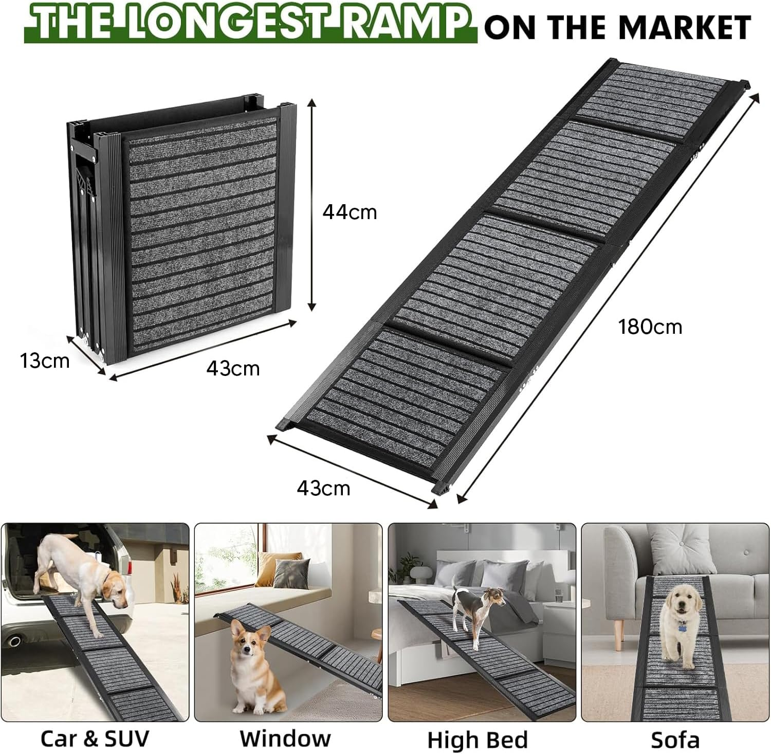180CM Foldable Dog Car Ramp,48Cm Widen Dog Steps for Large Dogs with Non-Slip Surface,Portable Aluminum Folding Pet Ramp for Dogs,Lightweight Dog Stairs for Cars SUV & Trucks, Supports up to 110KG image number 3
