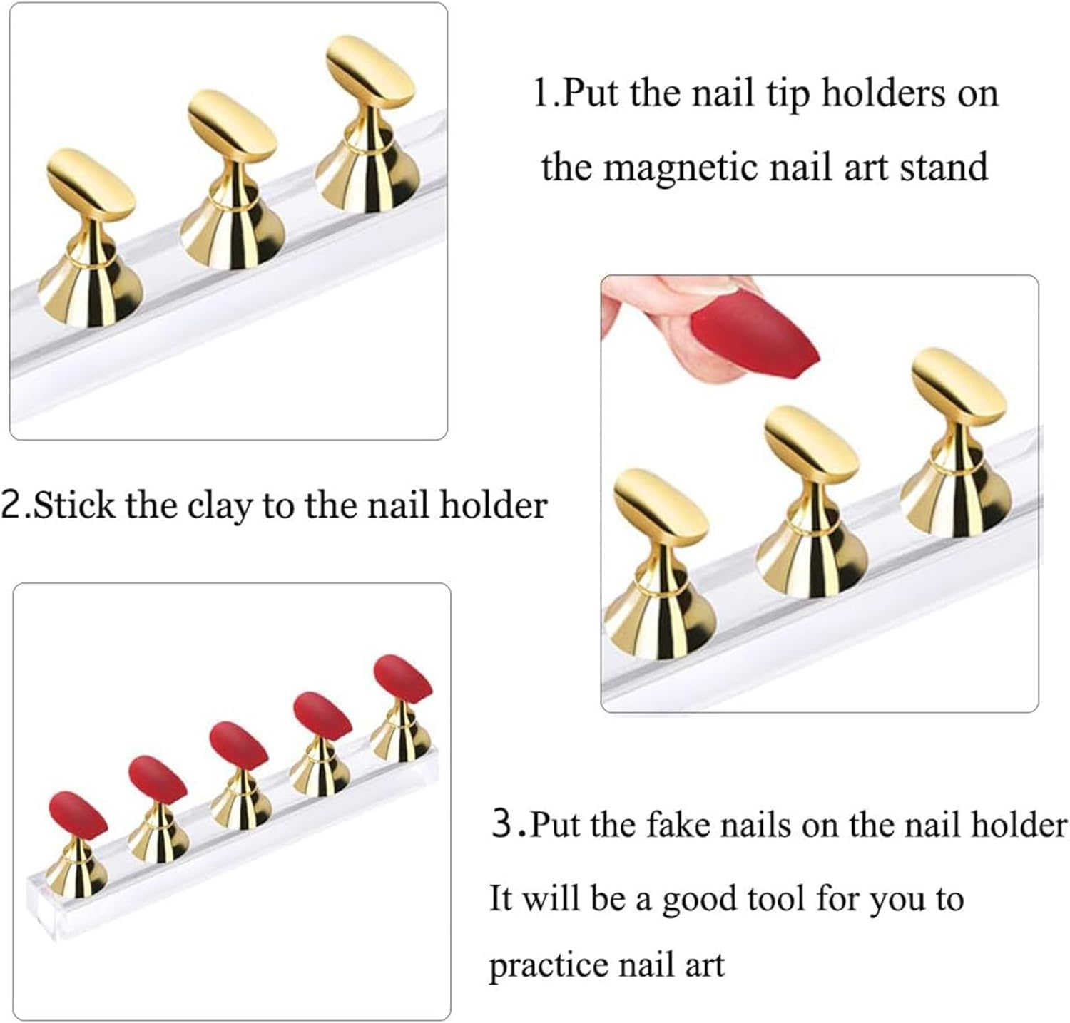 Jrusmr 4 Sets Acrylic Nail Display Stands, Magnetic Nail Tip Practice Holders with Crystal Base-Professional DIY Tools for False Nail Tips and Manicure-Home and Salon Use image number 3