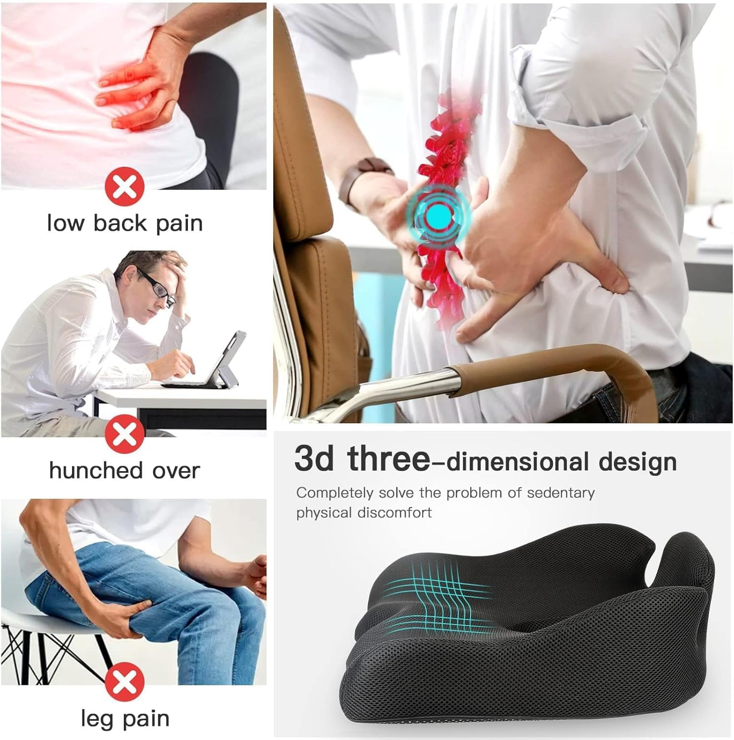 Benazcap Memory Seat Cushion for Office Chair Pressure Relief Sciatica & Tailbone Pain Relief Memory Foam Firm Coccyx Pad for Long Sitting, for Office Chair, Gaming Chair and Car Seat, Black image number 5