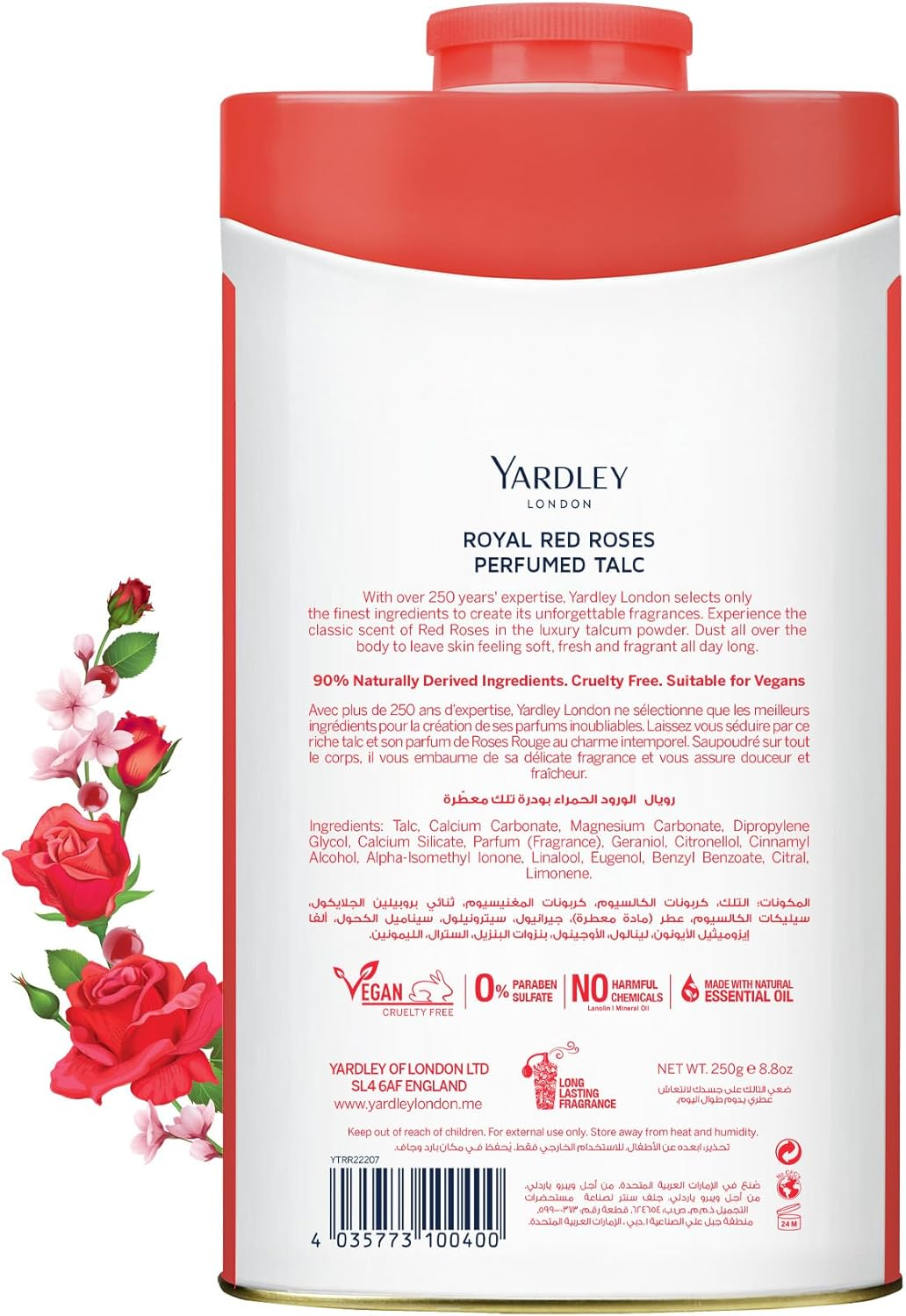 Yardley London Perfumed Talc, Red Roses, 8.8 Oz, 250 G image number 6