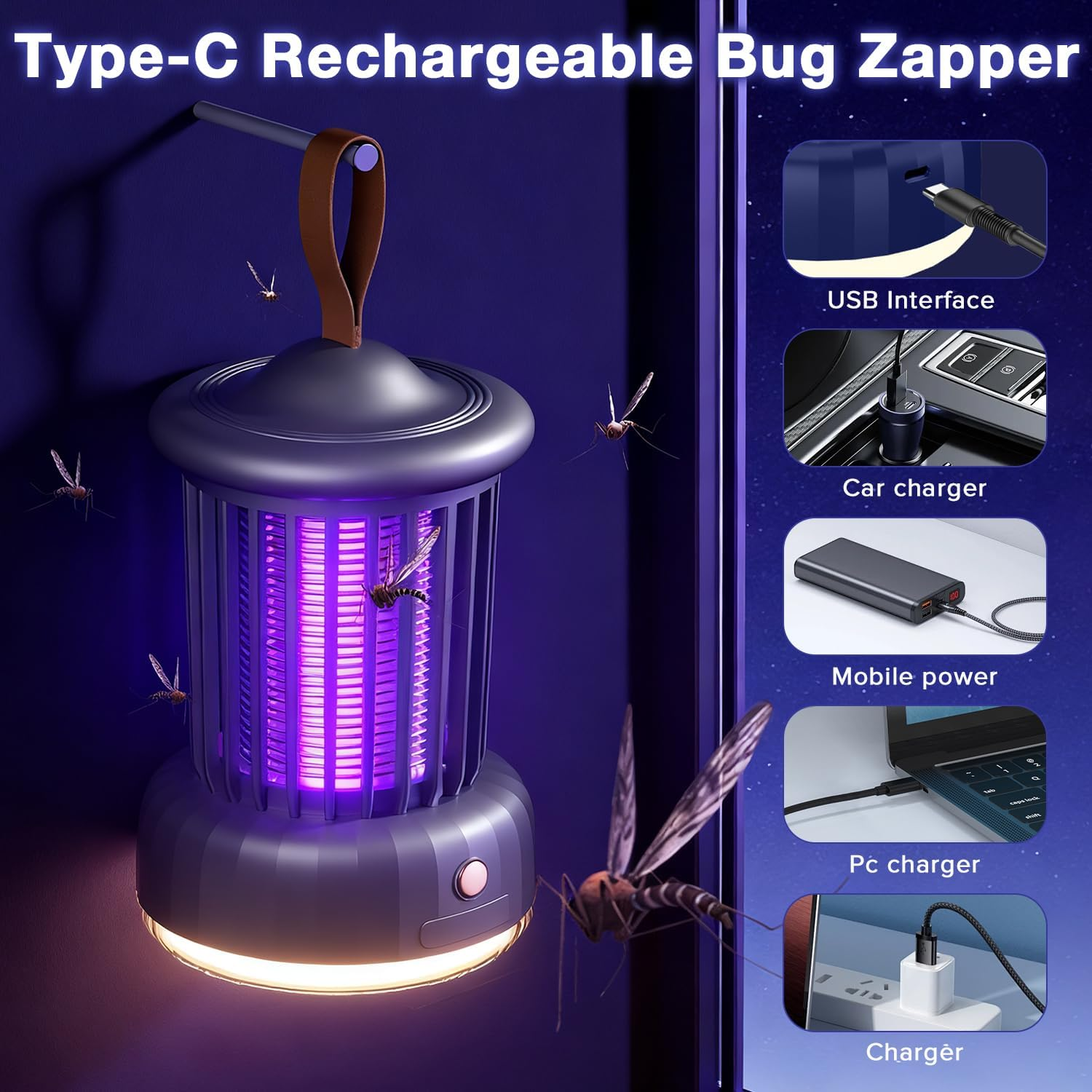 Yakiter Mosquito Killer Lamp, 2 in 1 Rechargeable Electric Bug Zapper, UV Fly Killer with Night Light, Insect Fly Zapper for Home, Standing or Hanging Outdoor/Indoor (Blue) image number 1